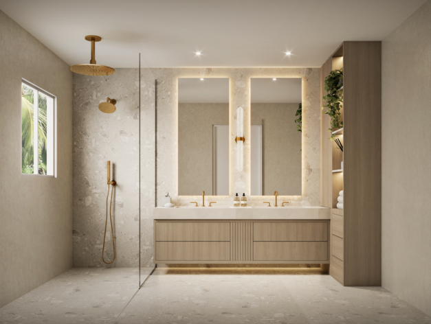 A serene primary bathroom featuring a floating double custome vanity with warm wood finishes, illuminated mirrors, and brushed brass fixtures. A spacious walk-in shower with a ceiling-mounted rain shower enhances the spa-like experience, while custom