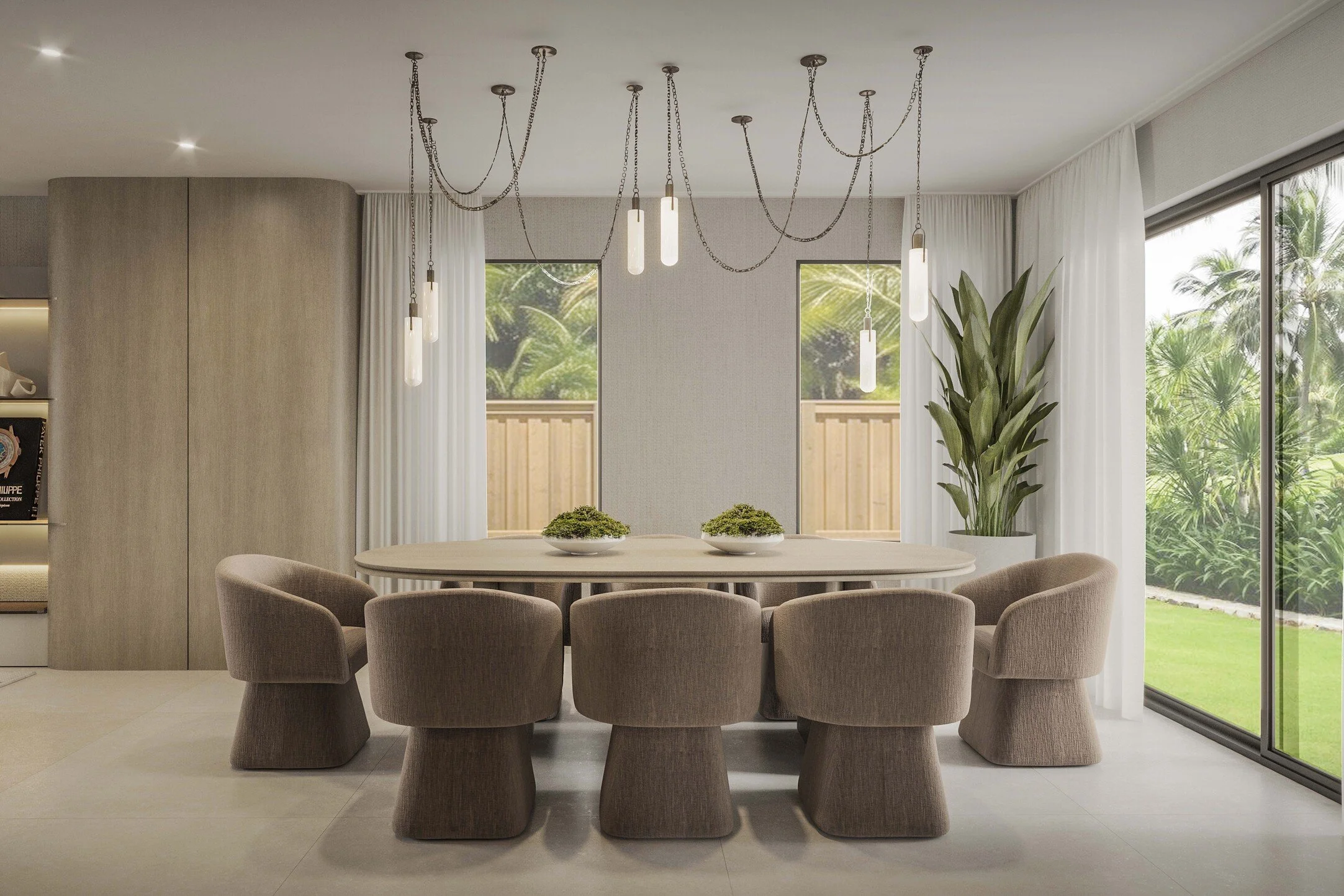 An elegant and inviting dining room designed around a sculptural chandelier with dynamic, flowing movement that becomes the focal point of the space. Warm natural materials, refined textures, and a sophisticated neutral palette create an elevated yet