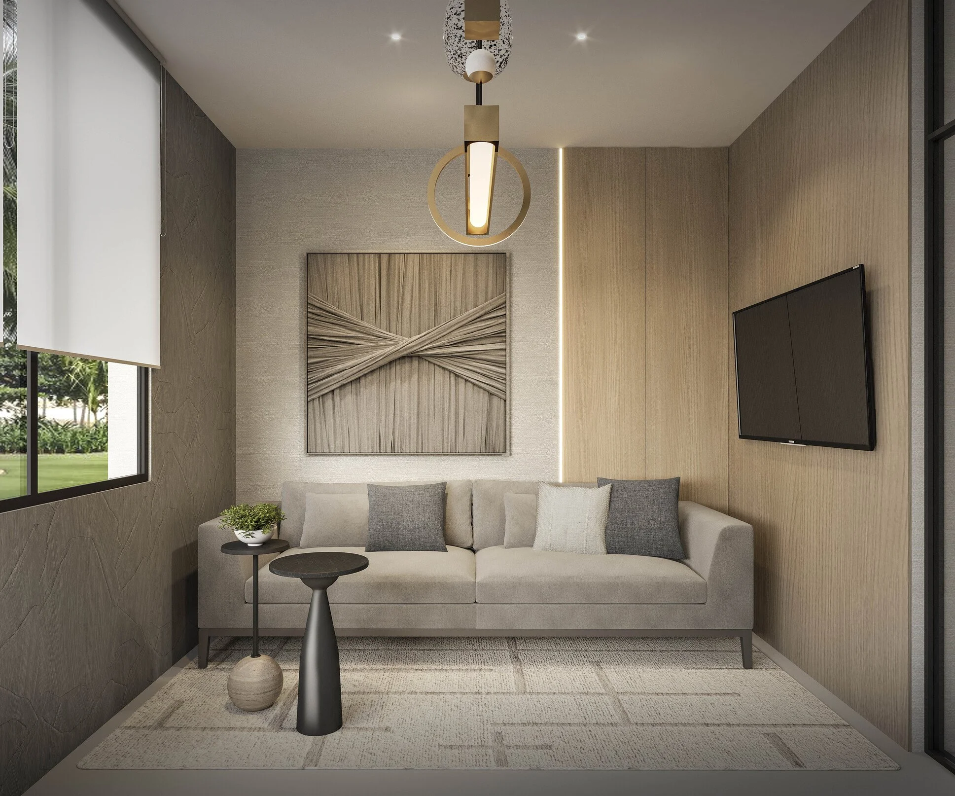 A refined formal living room designed with a sculptural curved sofa, rounded accent chairs, and layered circular elements that create a soft and harmonious composition. A round area rug and contemporary tables enhance the flow of the space, while ele
