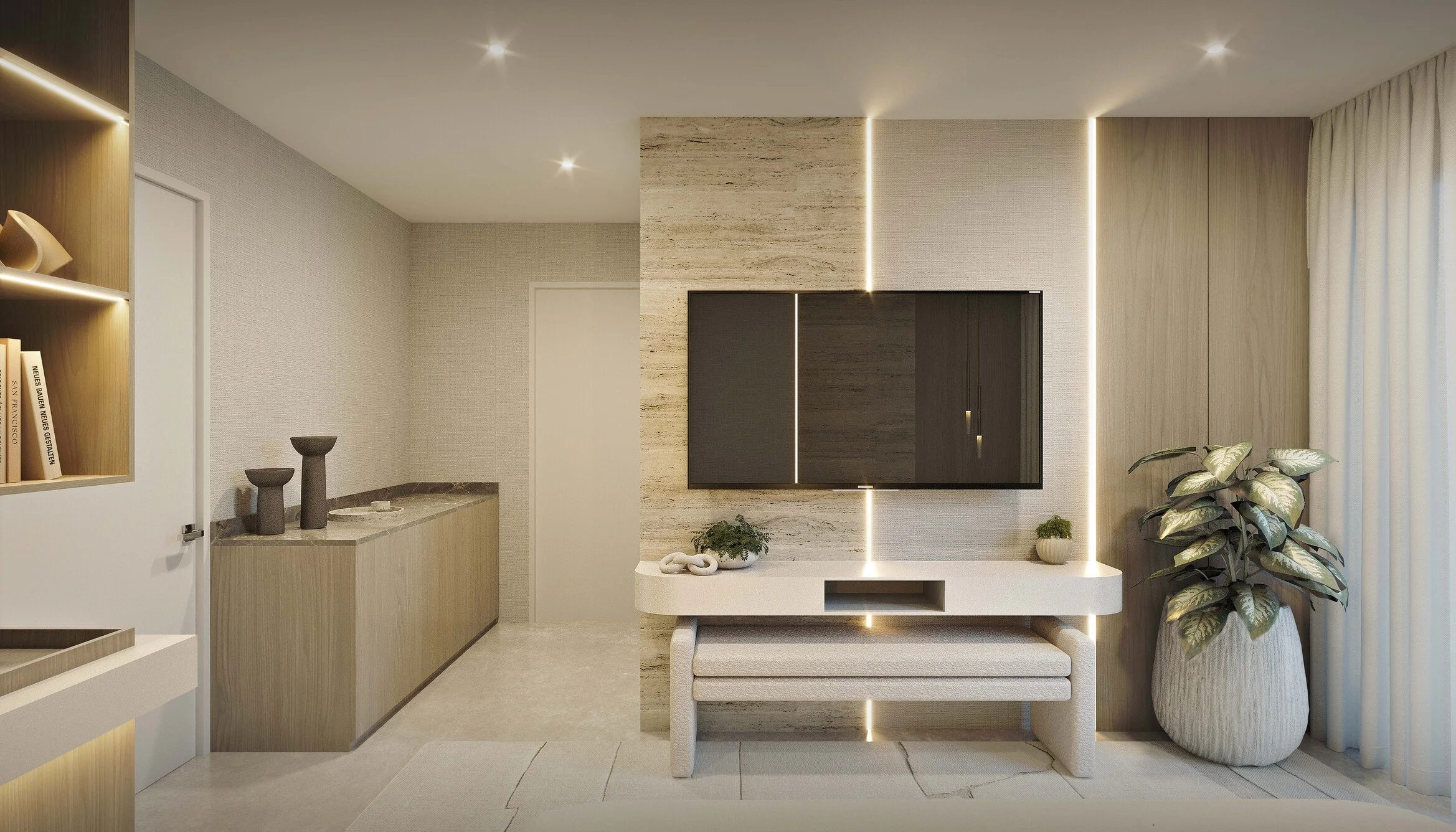 A modern primary bedroom featuring a custom wood-paneled headboard accented with stone details and integrated LED lighting for a warm, elevated look. A custom desk area and a clean, minimalist media wall enhance both functionality and comfort, creati