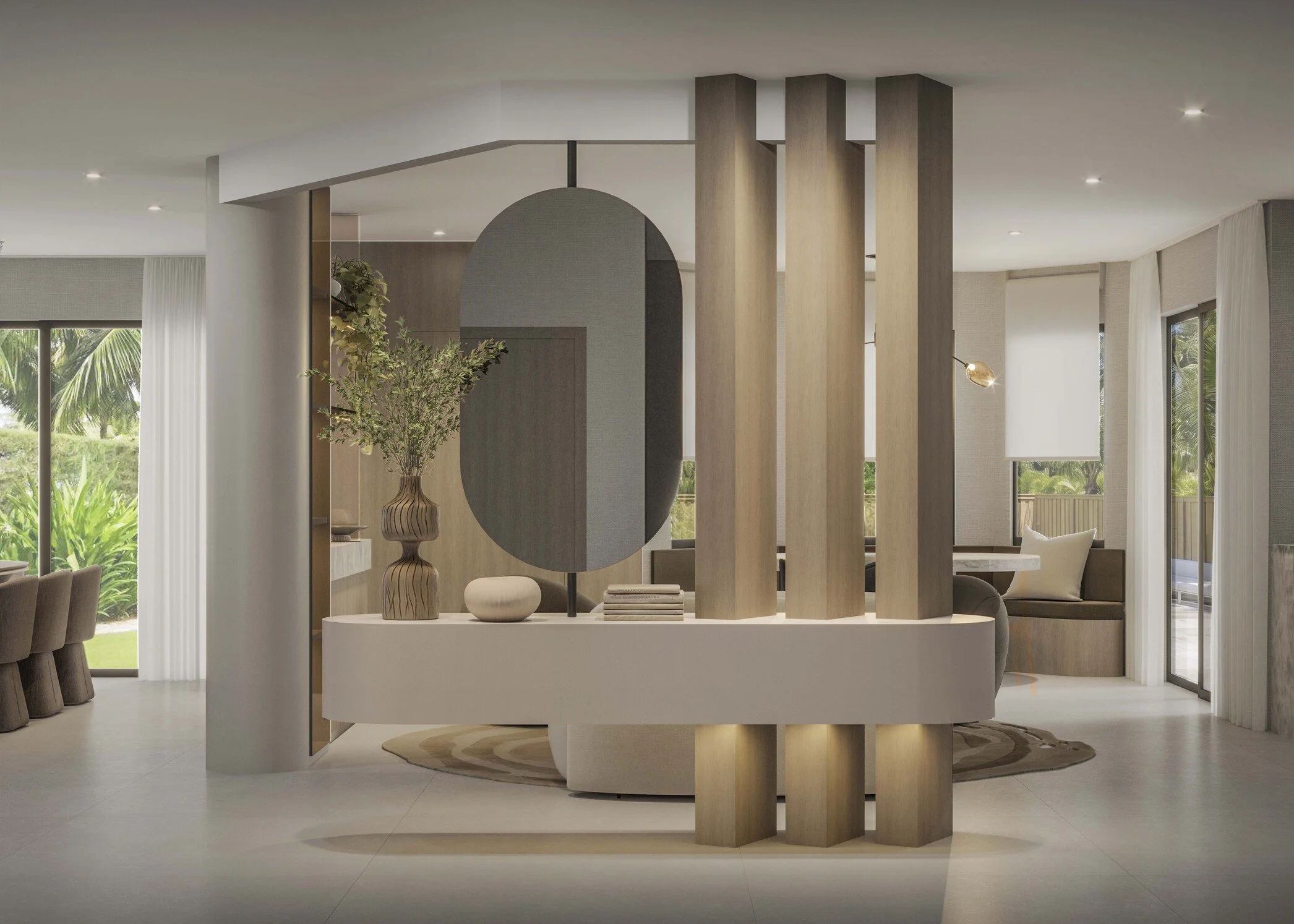 A striking foyer featuring warm wood slats that elegantly divide the space while maintaining an open and connected feel. A curved console and a suspended double-sided mirror create a sculptural focal point visible from both sides, adding depth and a 