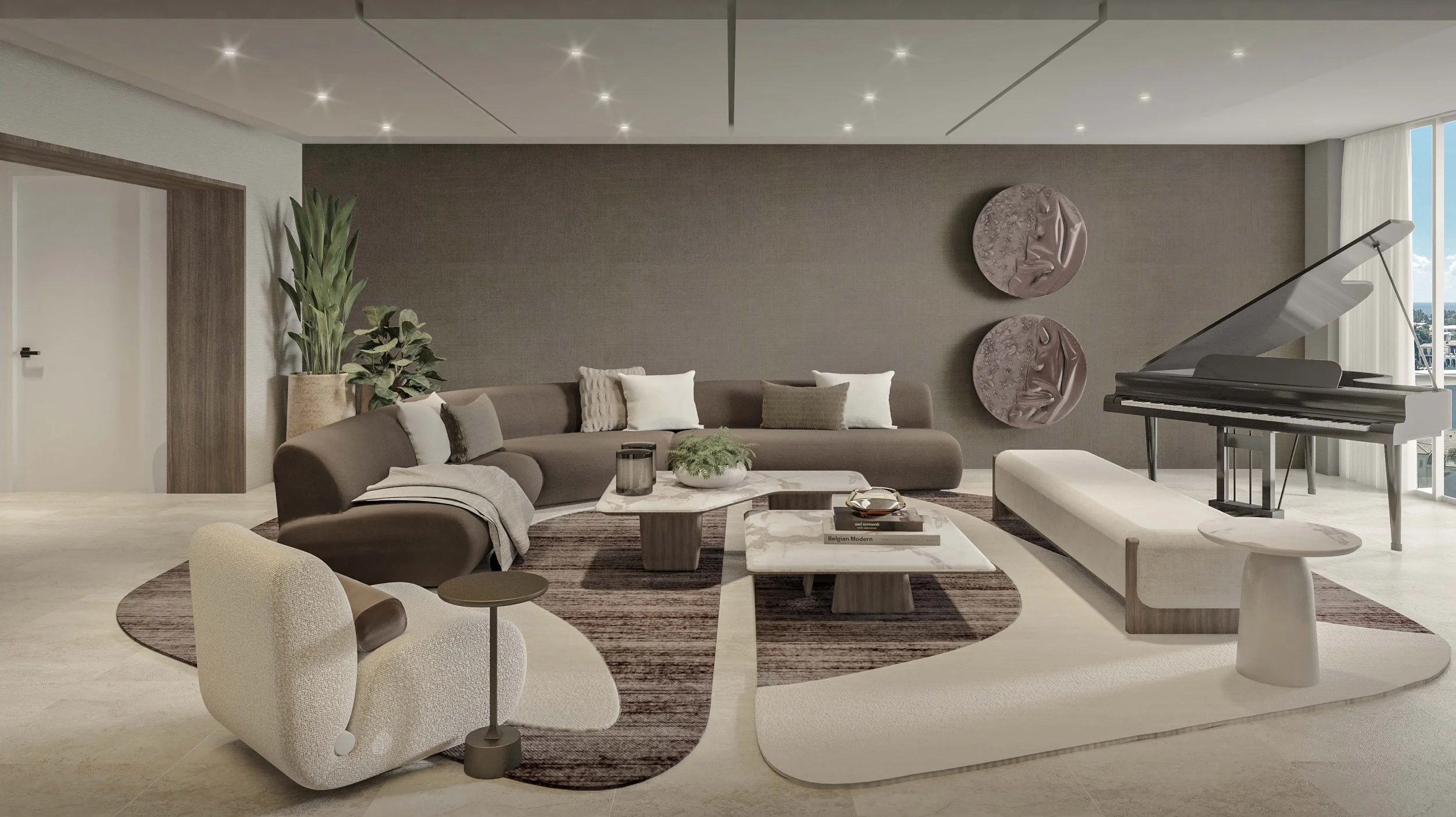 A sophisticated living room designed with a curved sectional sofa that brings softness and flow to the space. Organic-shaped rugs anchor the seating area, while a refined color palette of greens, beige, and earthy tones creates a warm and harmonious 