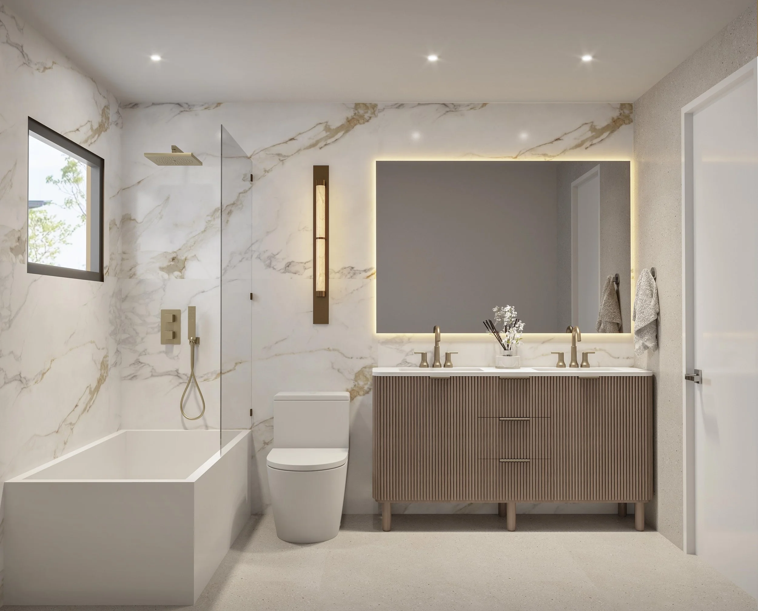 A refined bathroom design that blends timeless elegance with warmth. Marble-look walls add a luxurious backdrop, while the custom wood vanity introduces texture and softness. Brushed brass fixtures, wall sconce lighting, and a backlit mirror enhance 