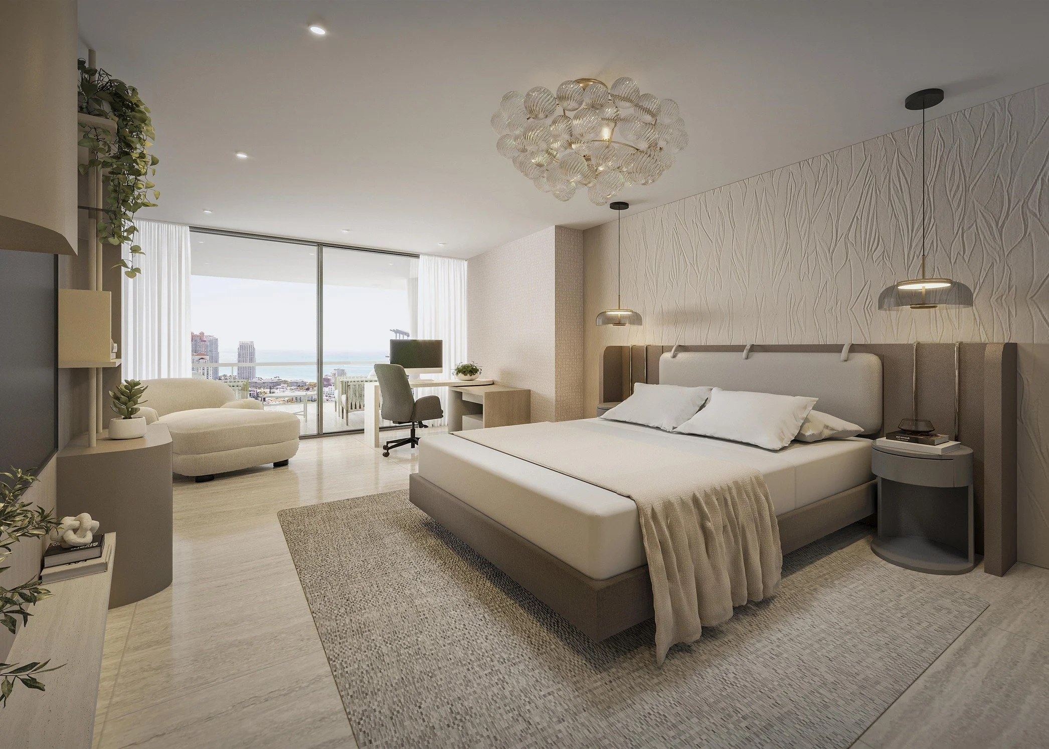 A sophisticated primary bedroom featuring a sleek custom media wall with taupe wood finishes, integrated LED lighting, and a thoughtful combination of open and closed storage. A floating shelf-style console and dedicated display niches provide space 