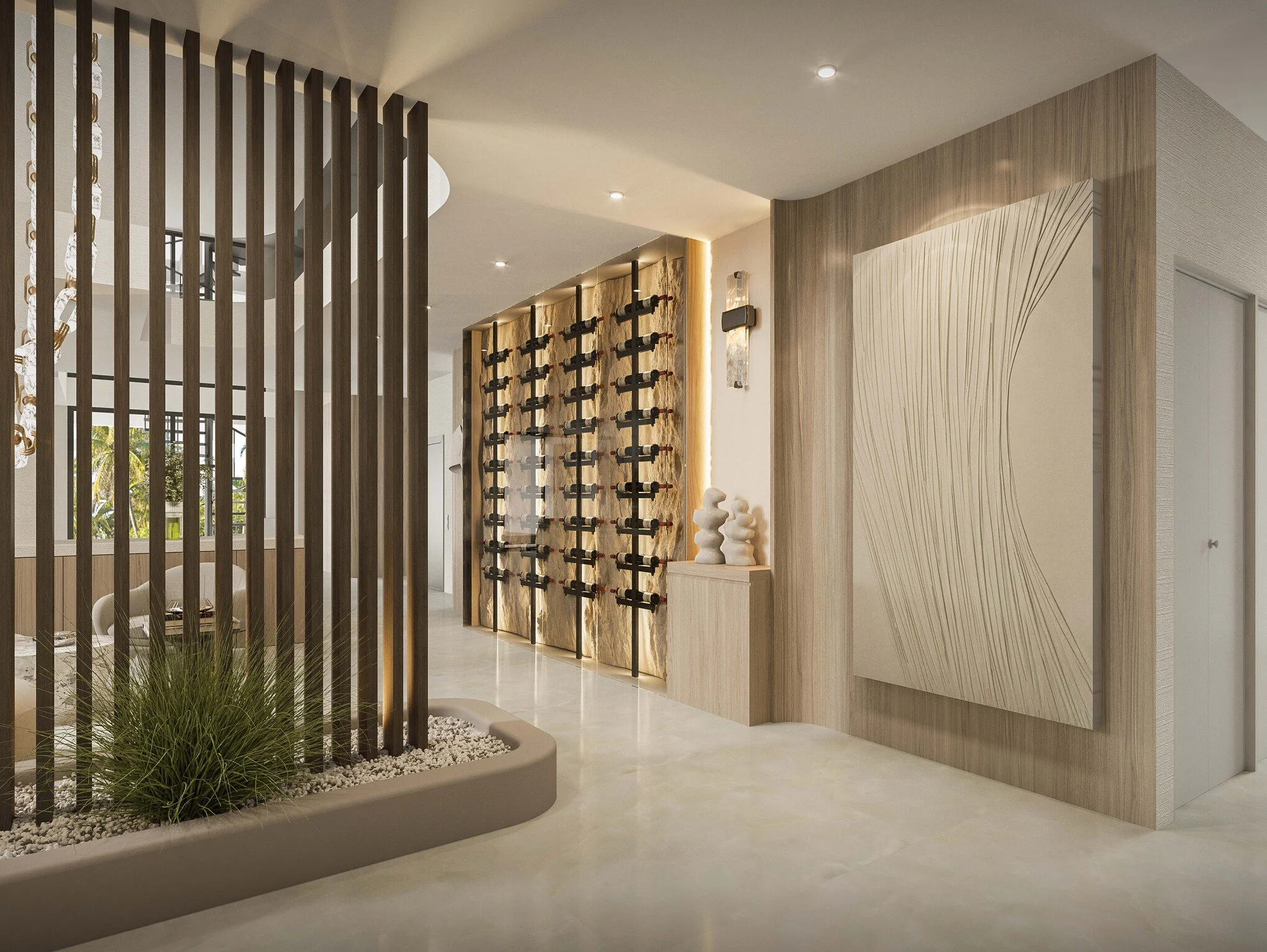 A refined transition space highlighted by a custom wine display wall, seamlessly integrated into warm wood paneling and soft ambient lighting. Vertical slat detailing and sculptural artwork add depth and texture, creating a sophisticated hallway that