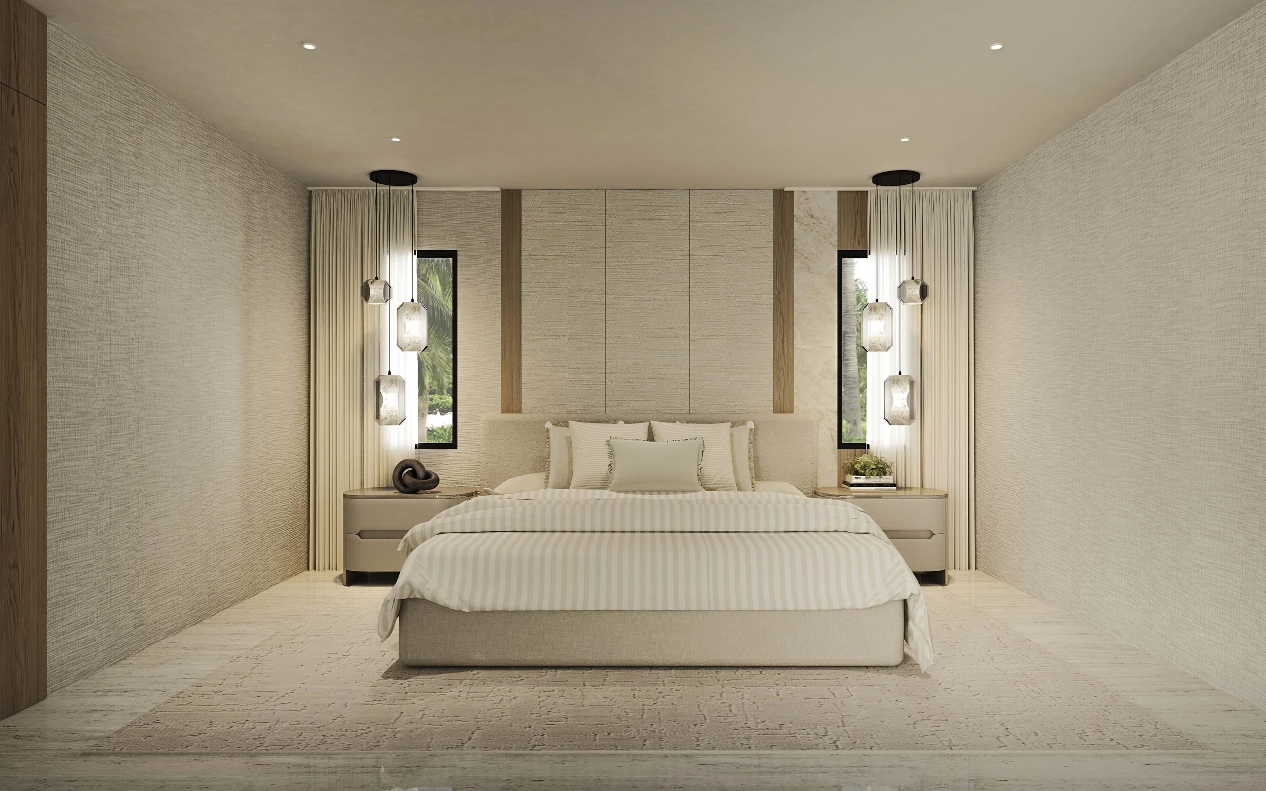 A serene master bedroom in warm tones featuring a custom upholstered headboard. Modern lighting create an elegant and inviting atmosphere