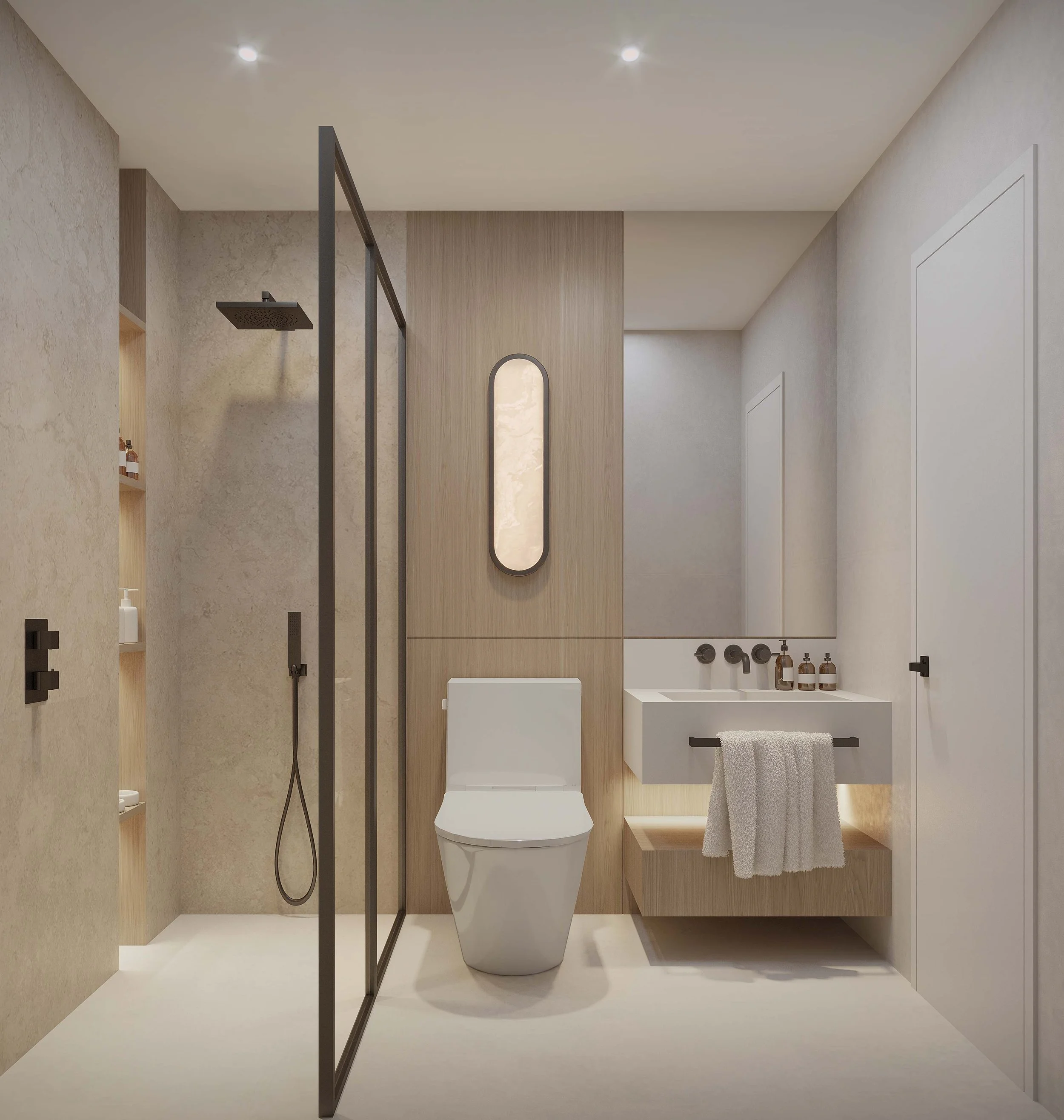 A contemporary bathroom featuring a custom vanity with integrated storage and open shelving within the shower for added functionality. Warm wood accents and wall sconces introduce texture and softness, while clean lines and a neutral palette create a