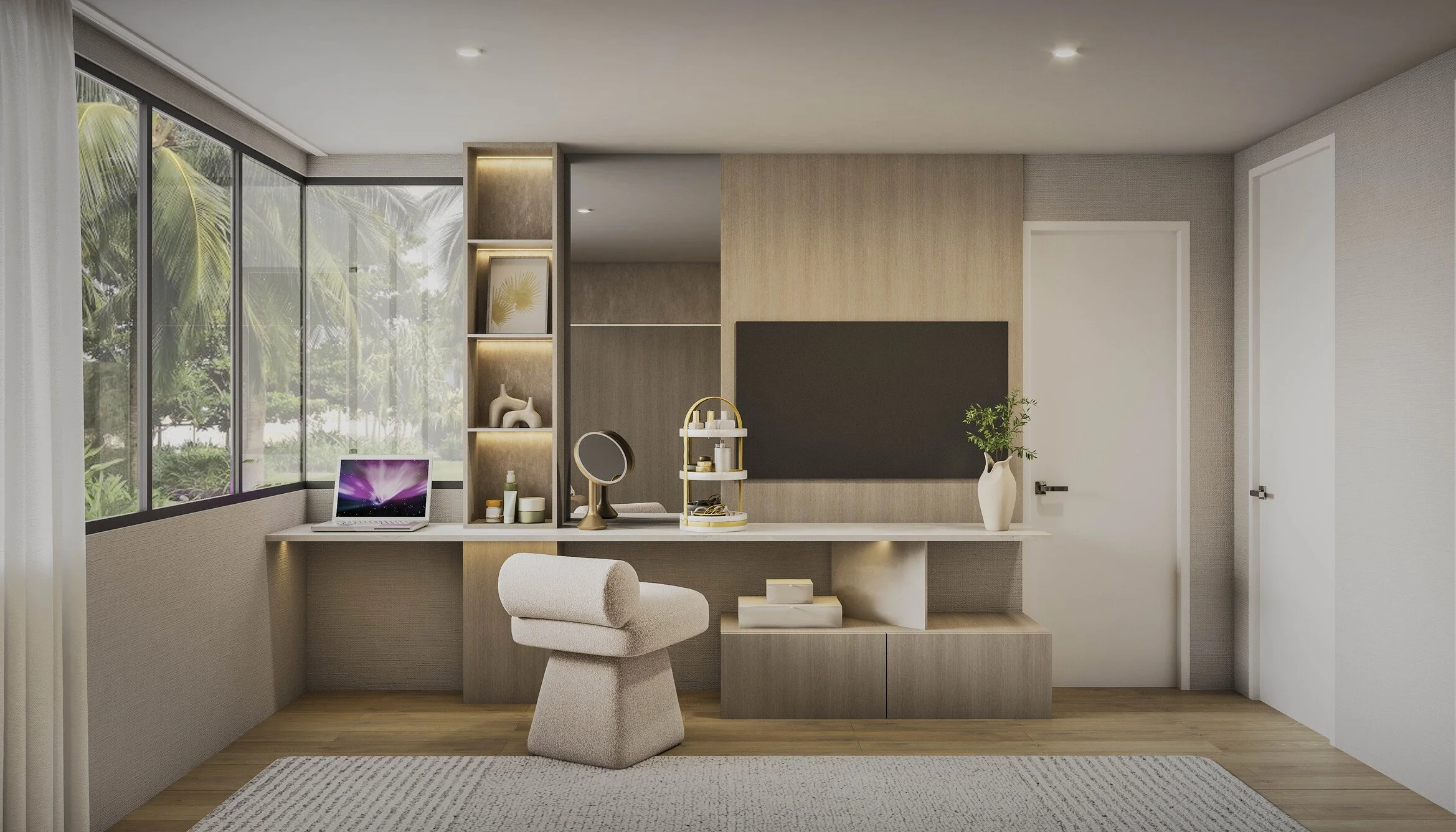 A sophisticated girls’ bedroom designed with a custom built-in that seamlessly integrates a desk and makeup station for both functionality and style. A custom media wall, warm wood finishes, and a delicate pendant light create a soft and elevated atm