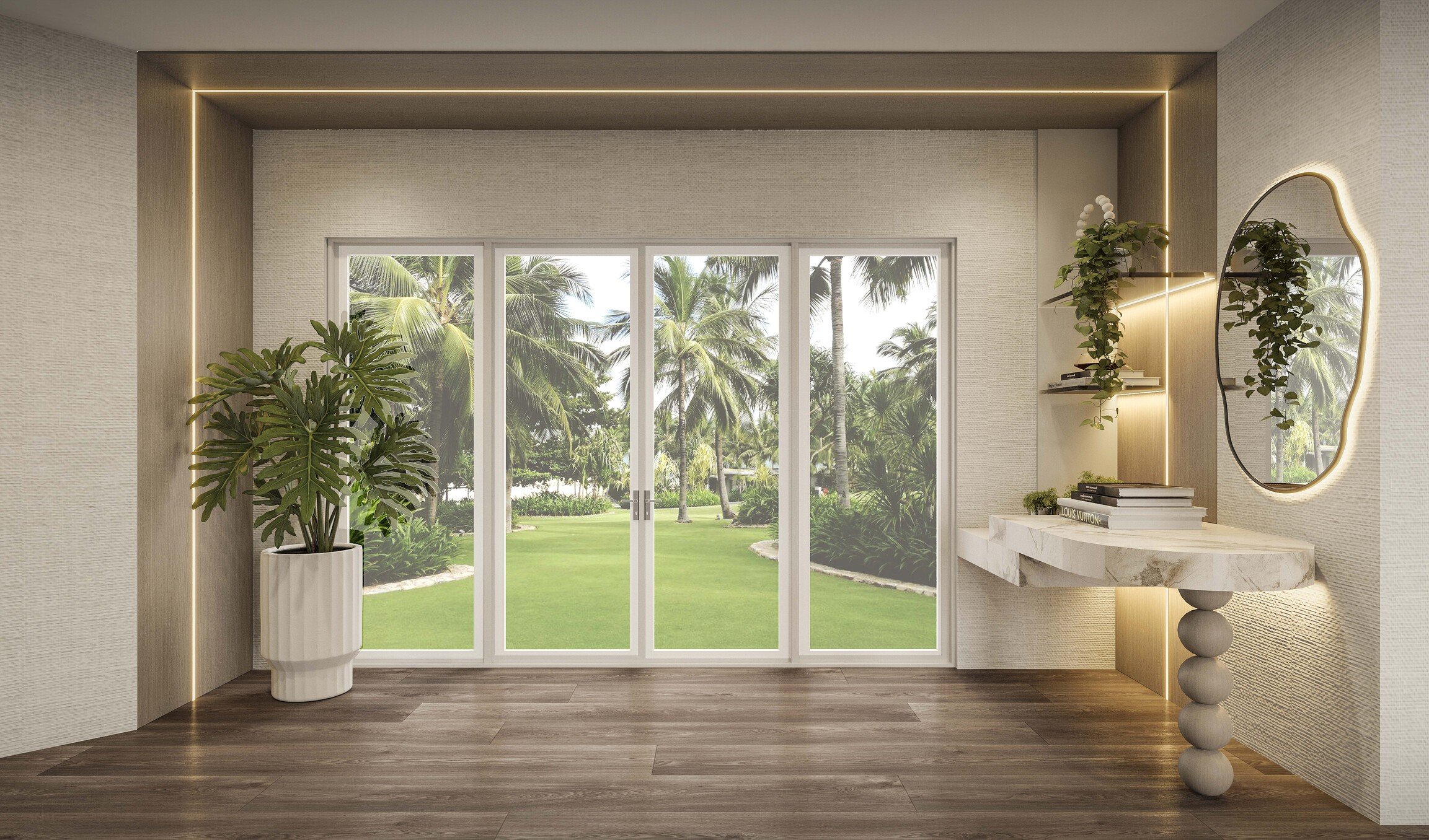 A welcoming residential foyer featuring a custom console table with organically shaped sphere legs as a sculptural statement piece. The entryway is framed by warm wood wall paneling and sleek floating shelves, highlighted by subtle stone accents. An 