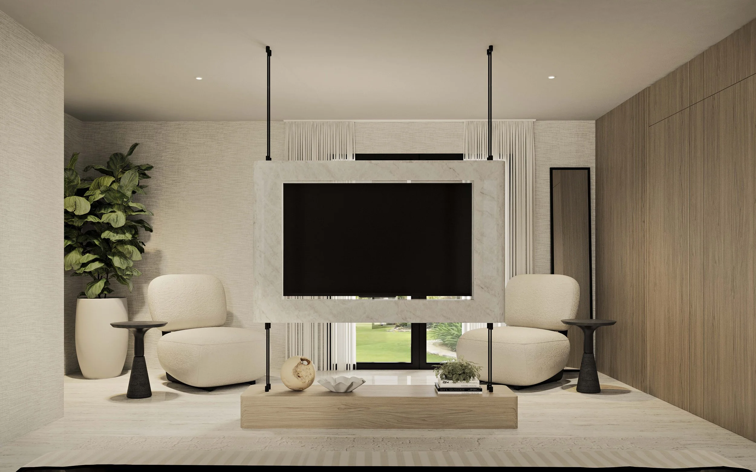 A smart and innovative design featuring a rotating TV mechanism. The TV is framed with elegant stone and paired with a warm wood base, creating a perfect balance between technology and refined design. This functional solution seamlessly connects the 