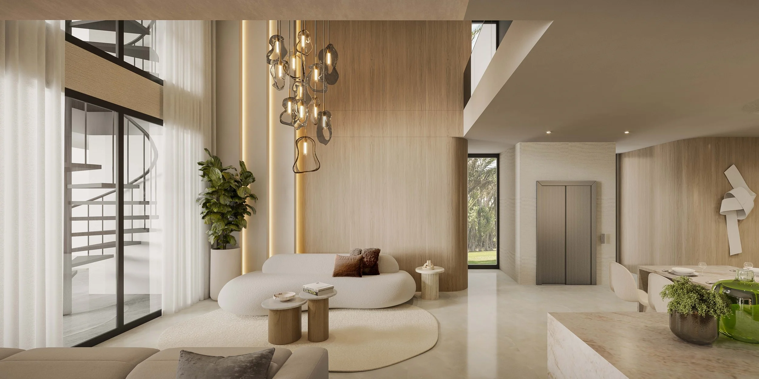 A sculptural seating area that blends soft curves, warm wood finishes, and statement lighting to create an inviting yet elevated atmosphere. Double-height ceilings and floor-to-ceiling windows enhance the sense of openness, while organic textures and