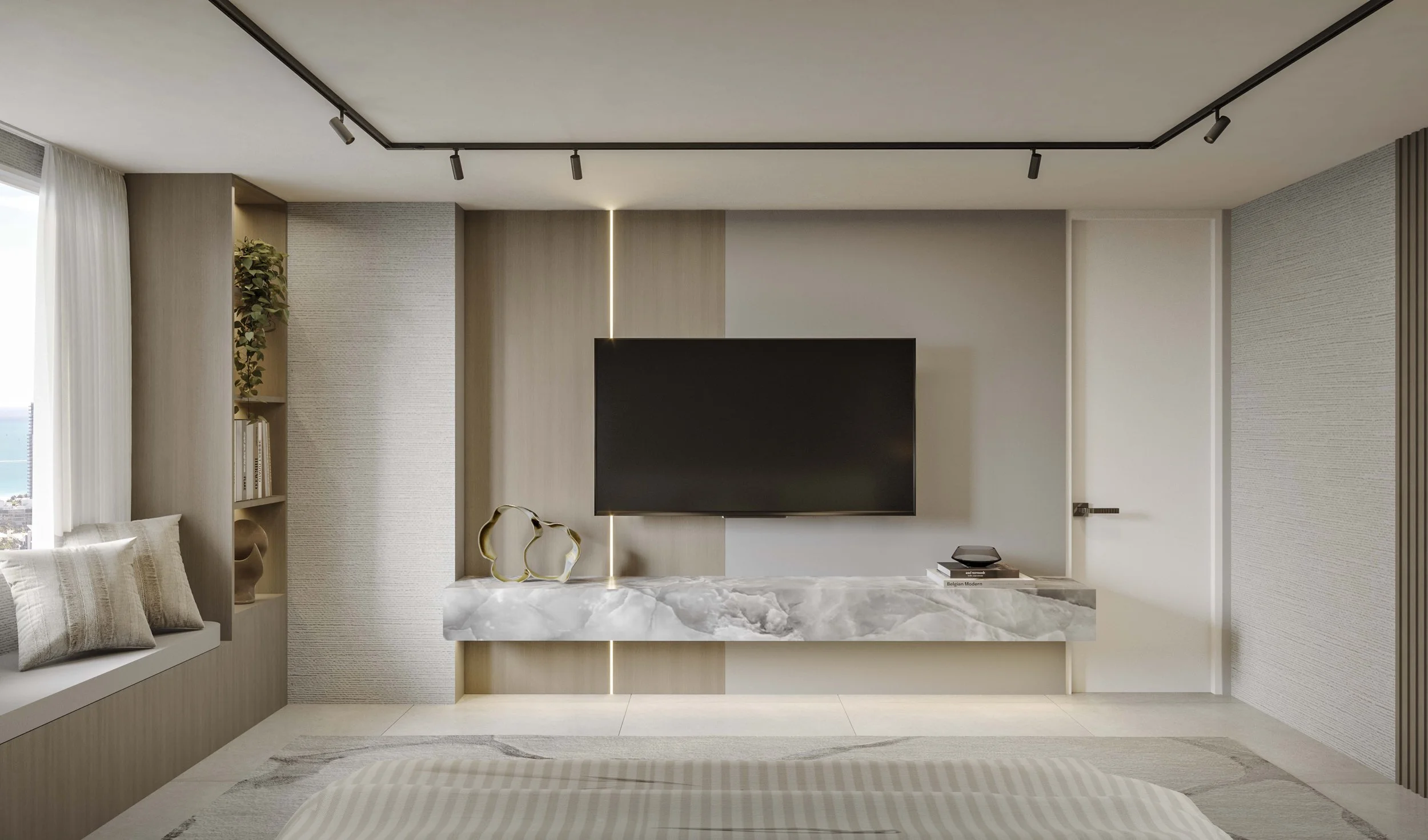 This custom feature media wall combines warm wood detailing with refined stone accents, creating a striking focal point rich in depth and character. With a window bench to enjoy the amazing sea view