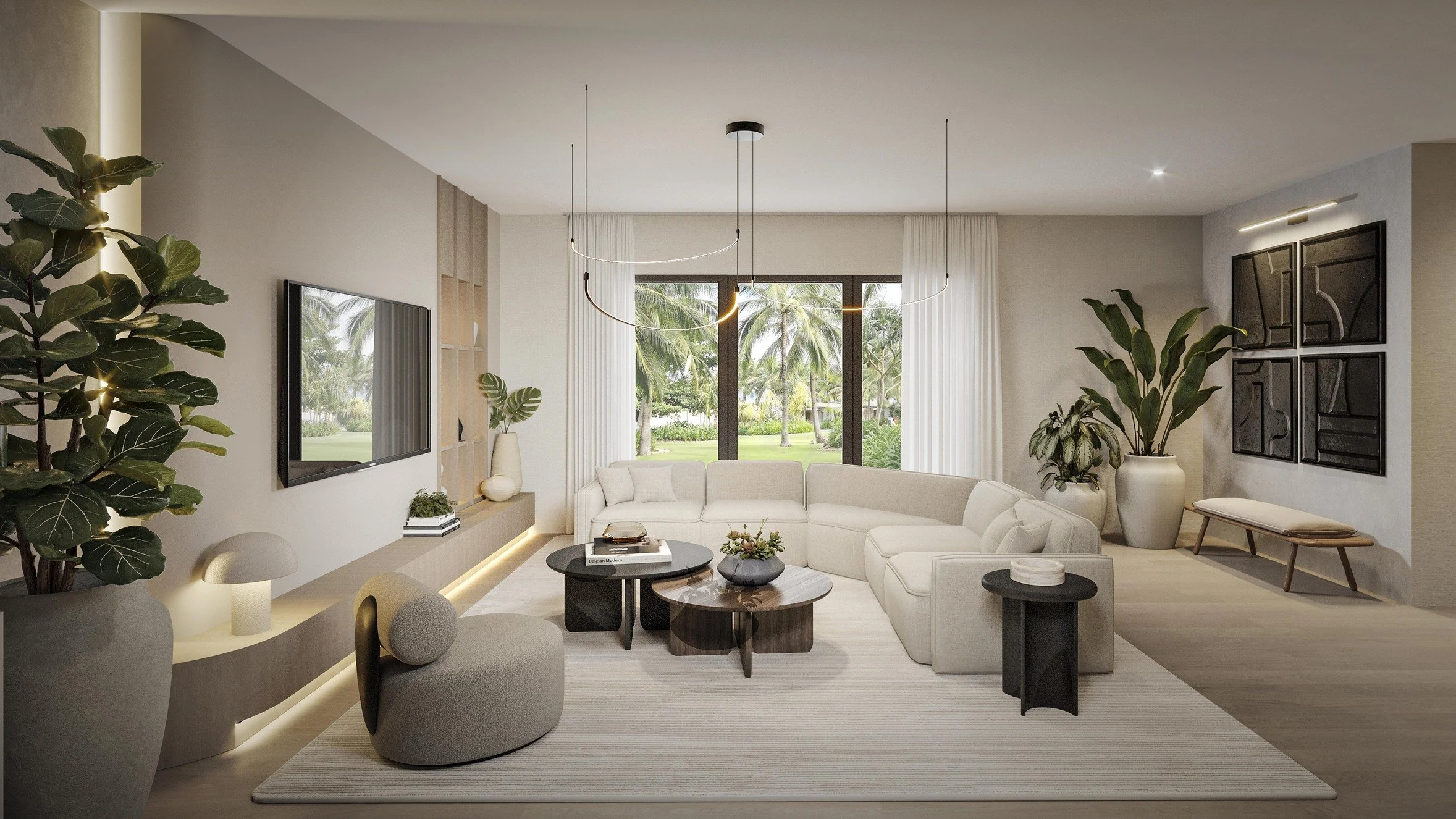 A sophisticated formal living room designed for both comfort and entertaining, featuring a spacious sectional sofa and a custom media wall that serves as a refined focal point. A statement chandelier and curated wall art add elegance and visual inter