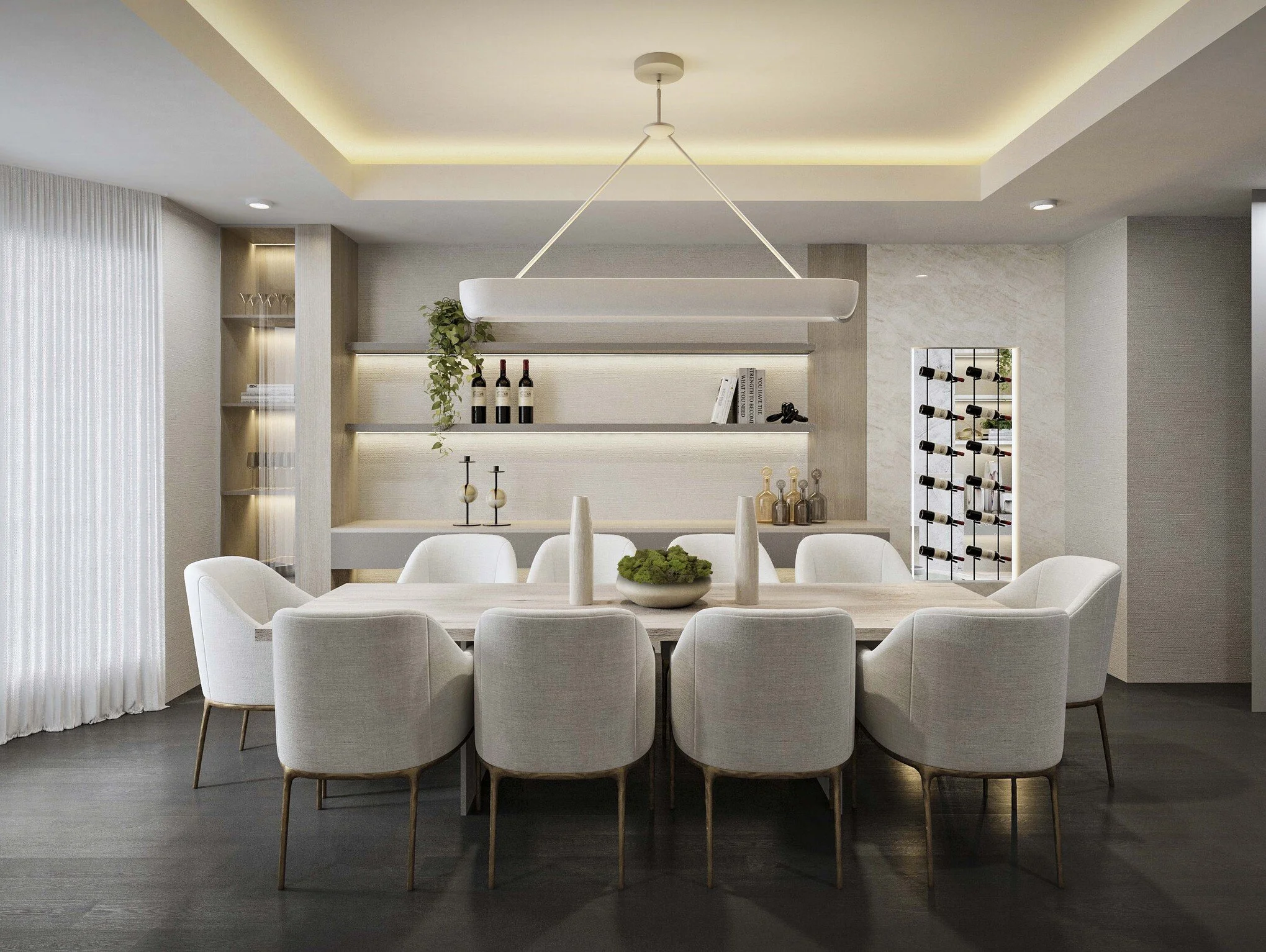 Elegant 10-seat dining room designed in neutral tones the perfect setting for hosting large gatherings, wine cellar built in, beautiful decor and lighting 