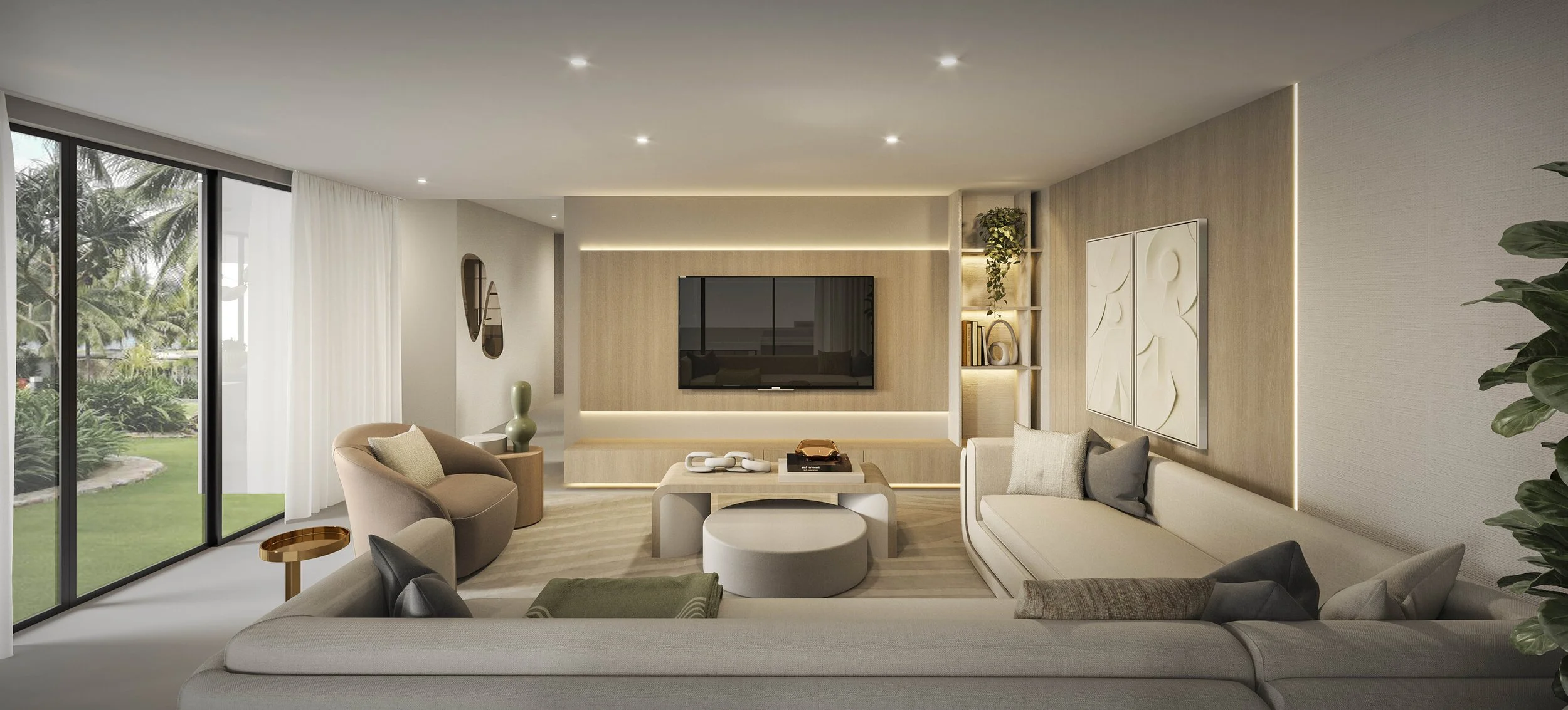 A warm and inviting family room featuring a spacious sectional sofa paired with a custom built-in designed for both functionality and style. Wood panel detailing and curated wall art add texture and character to the space, while soft tones and layere