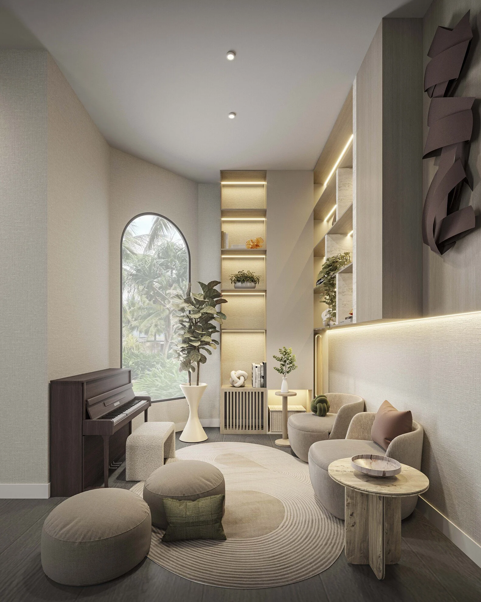 This lounge area is designed as a refined music retreat, featuring a custom built-in that anchors the space with both functionality and elegance. A sculptural wall element adds artistic depth and visual interest, while the piano becomes the soul of t