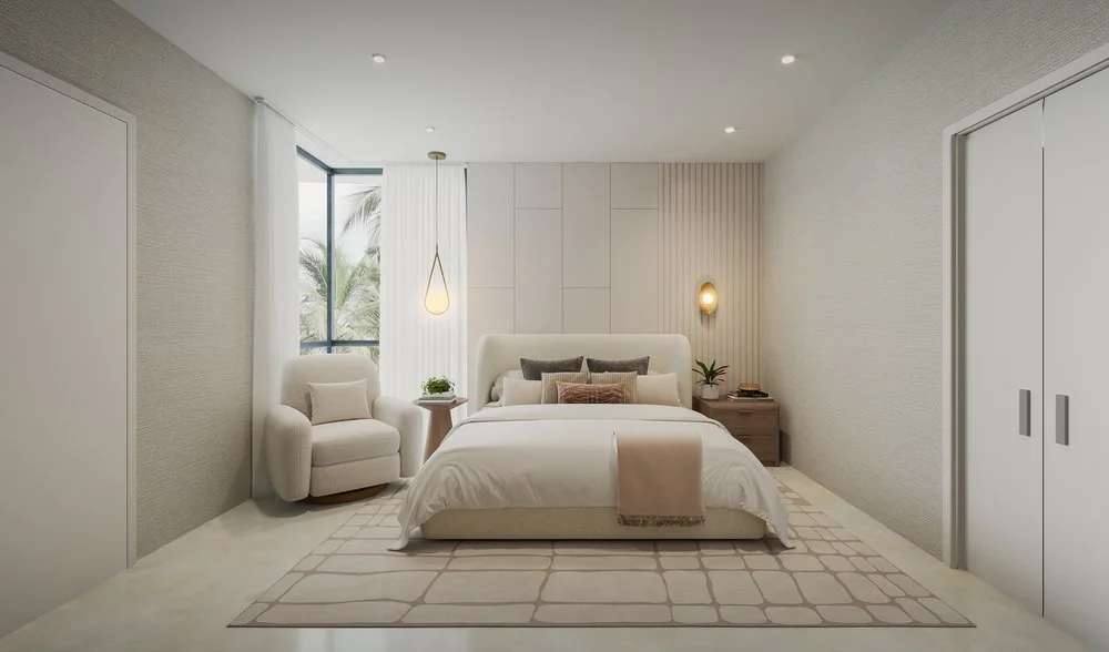 A light-filled bedroom designed with a custom media wall that seamlessly integrates a functional desk area, creating a versatile and efficient layout. Soft neutral tones and clean lines enhance the sense of calm, while the built-in millwork adds both
