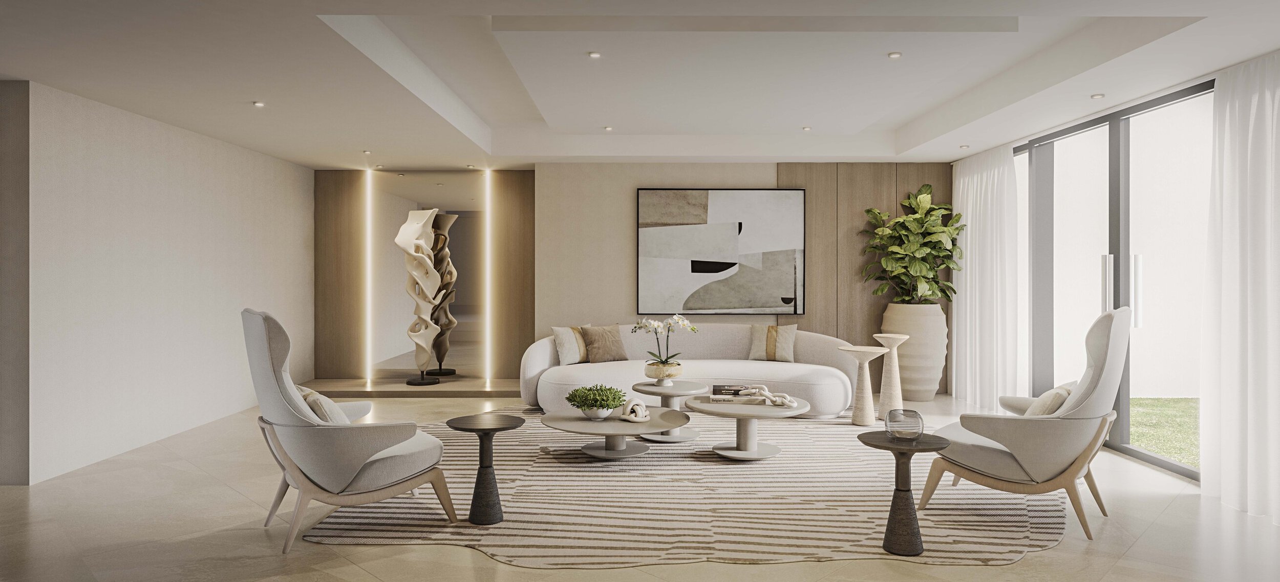 A serene and elegant multipurpose room designed in soft warm tones. The organic shapes, sculptural elements, and warm lighting create a refined yet comfortable atmosphere. This room is perfect for relaxing, entertaining guests, or showcasing art. 