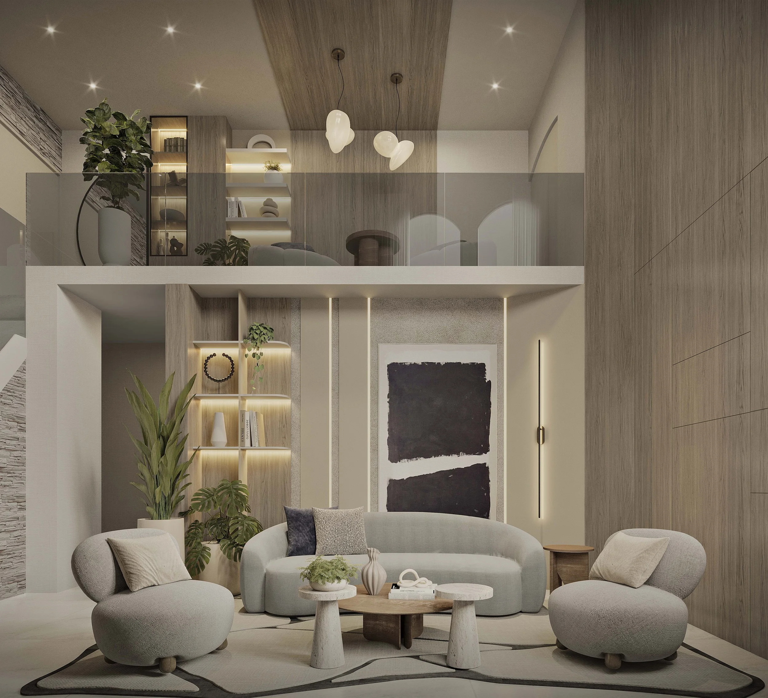 A warm and contemporary living room featuring a curved  sofa, organic-shaped rug, and layered wood textures. Built-in shelving with soft lighting highlights curated décor and greenery, while sculptural furniture and wall art add a refined, modern tou