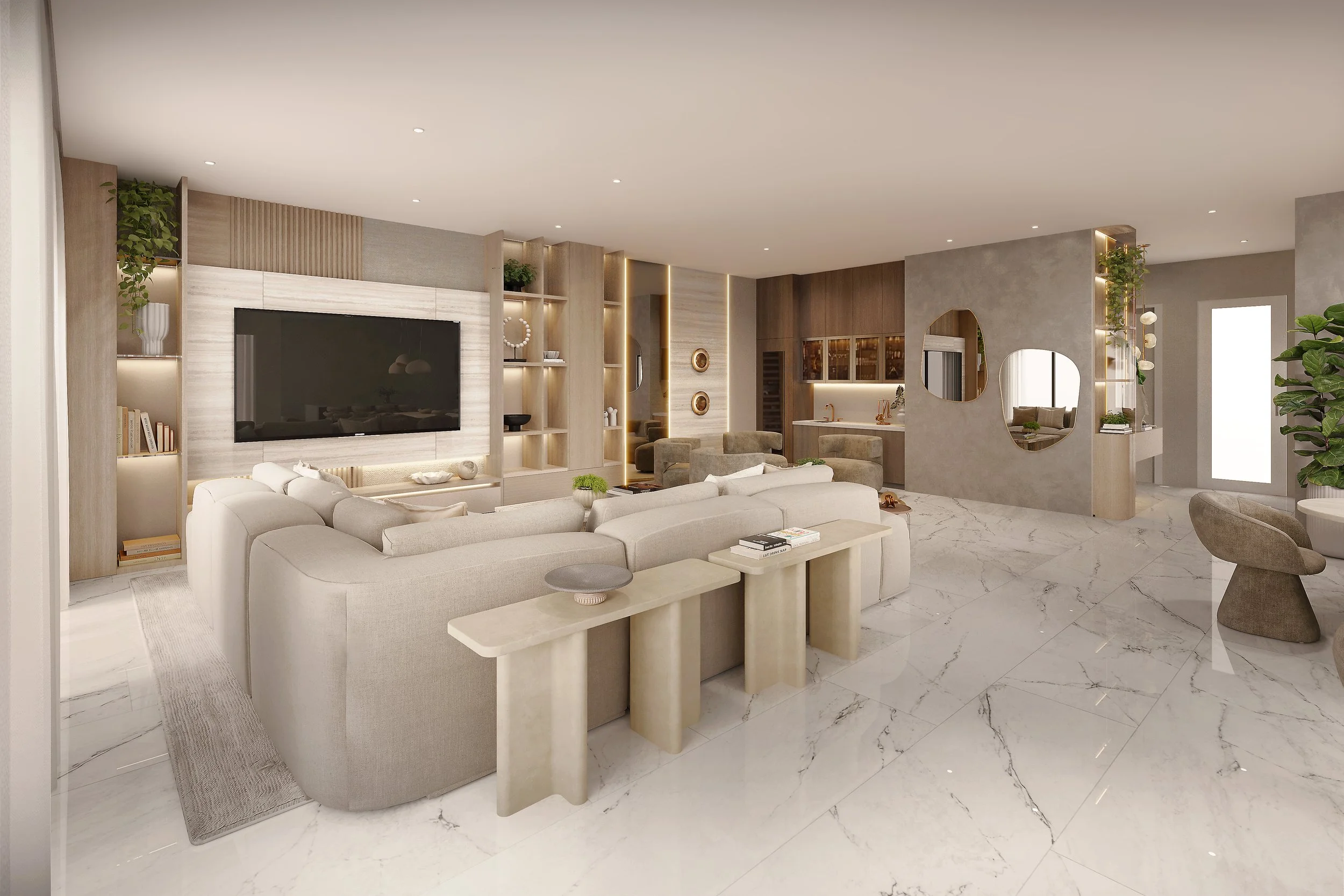 A warm and inviting family room featuring a spacious sectional sofa and a custom built-in media wall that creates a cozy architectural focal point. Warm wood tones, integrated storage, and soft textures add depth and comfort, creating a sophisticated