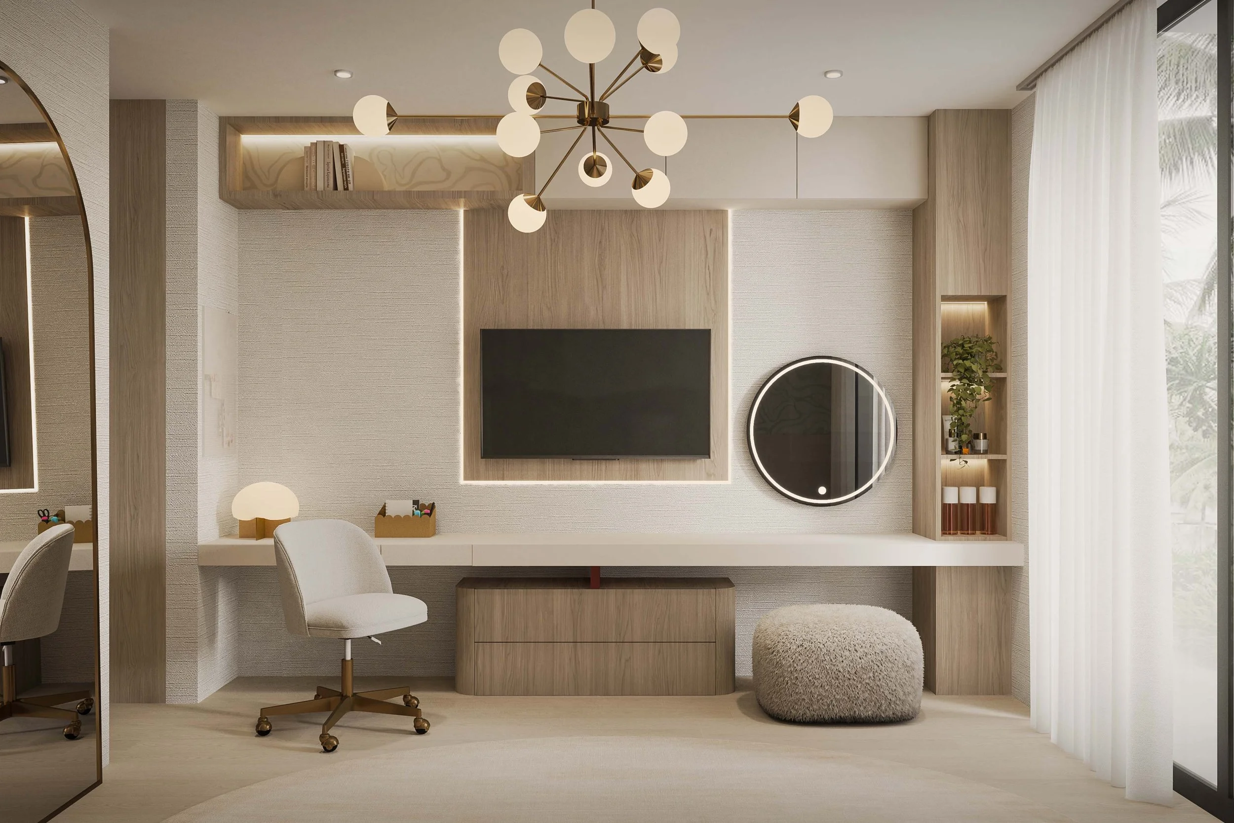 A thoughtfully designed girls’ bedroom featuring a custom built-in that seamlessly integrates a desk and makeup station, creating a functional yet playful environment. Soft tones, clean lines, and tailored millwork bring a sense of order and warmth, 