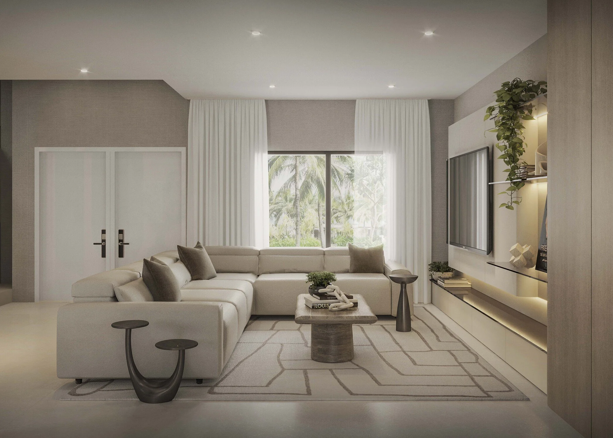 A warm and inviting family room featuring a spacious sectional sofa and a custom built-in media wall that creates a cozy architectural focal point. Warm wood tones, integrated storage, and soft textures add depth and comfort, creating a sophisticated