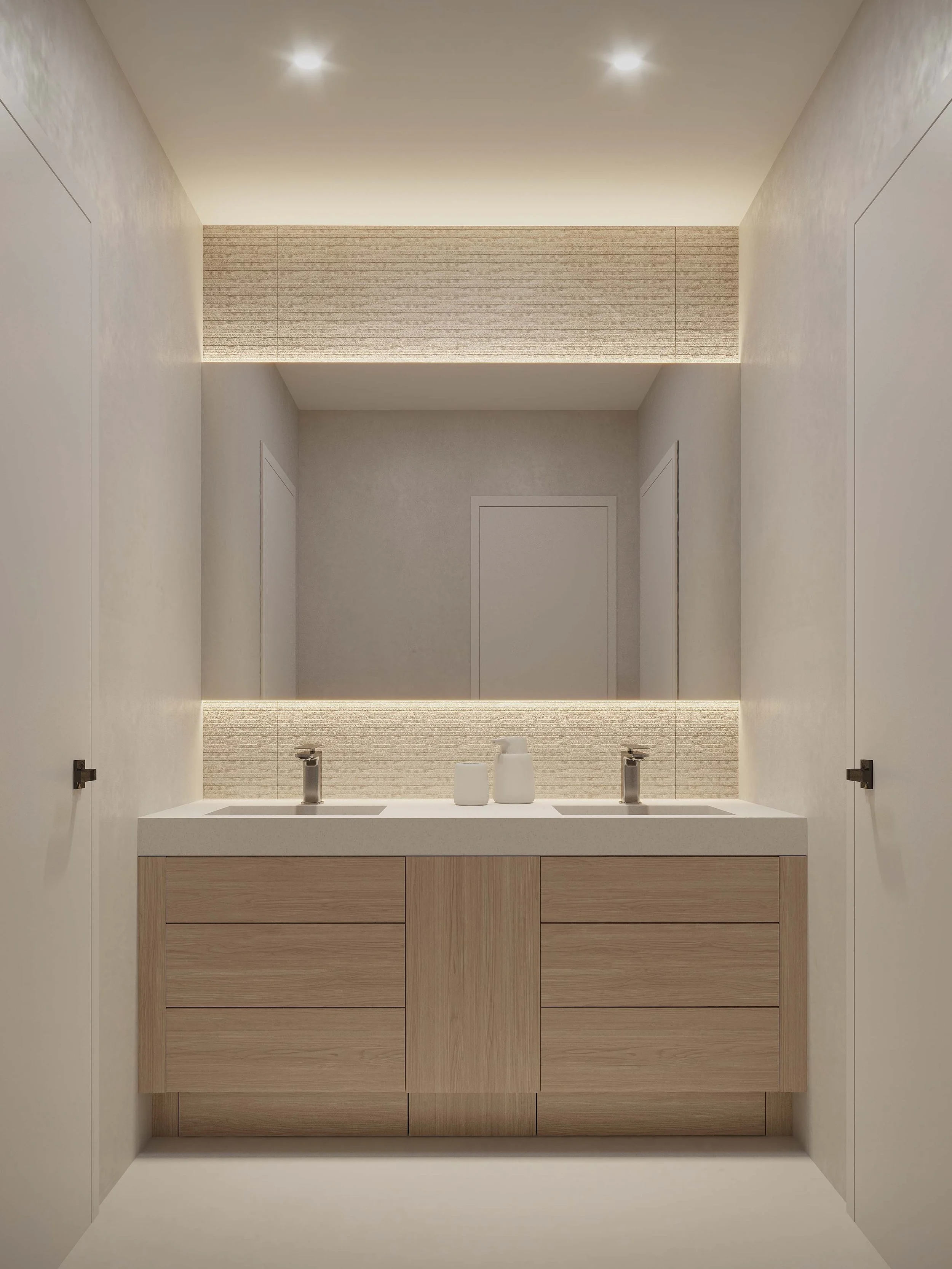 A functional Jack and Jill bathroom designed with a double vanity that enhances both convenience and shared use. Clean lines, neutral tones, and integrated storage create a balanced and practical layout, while refined finishes elevate the space withi