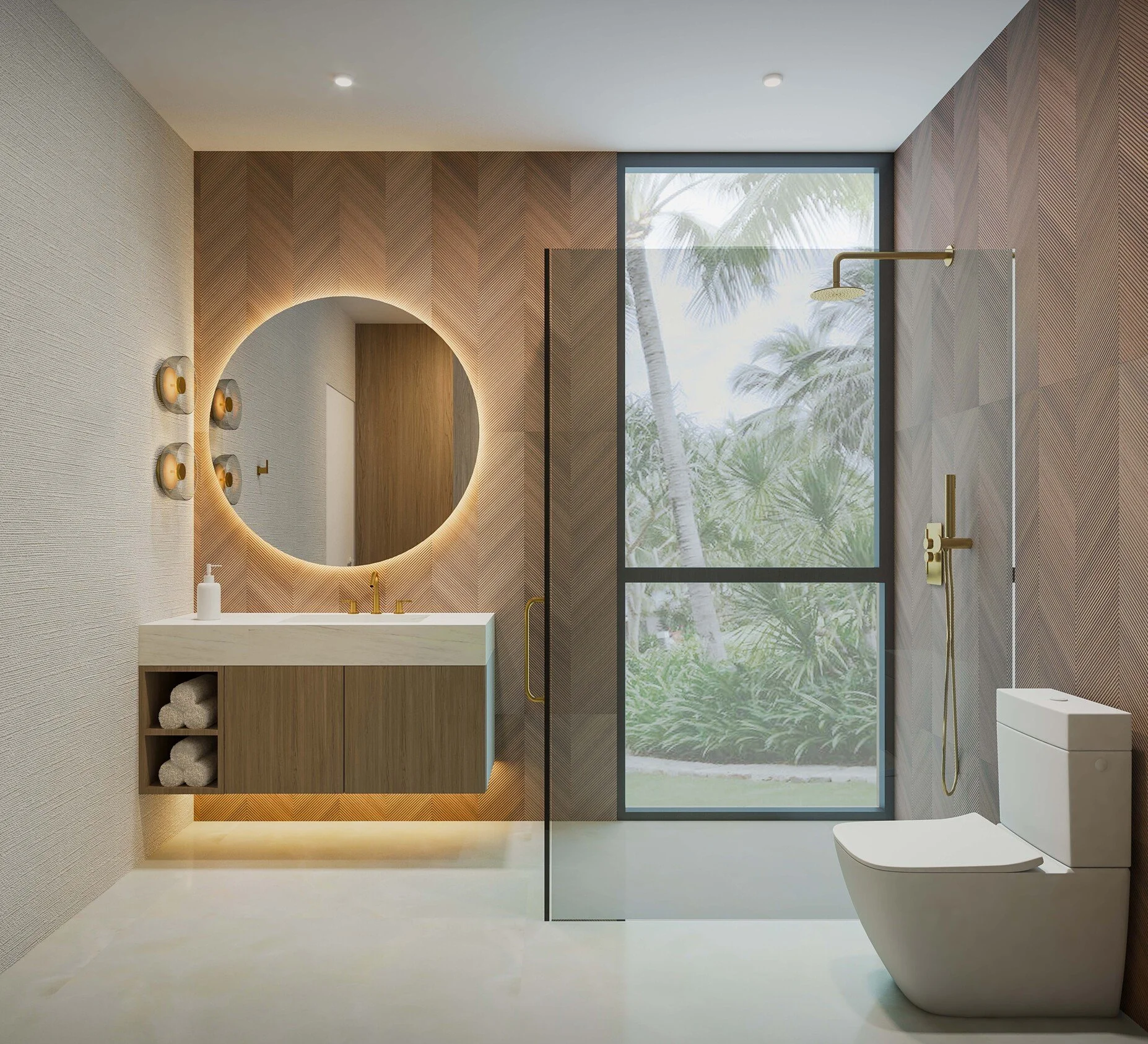 A modern bathroom featuring a statement round mirror paired with a textured accent tile wall that adds depth and visual interest. Clean lines, soft neutral tones, and refined finishes create a balanced space that feels both fresh and elevated, enhanc