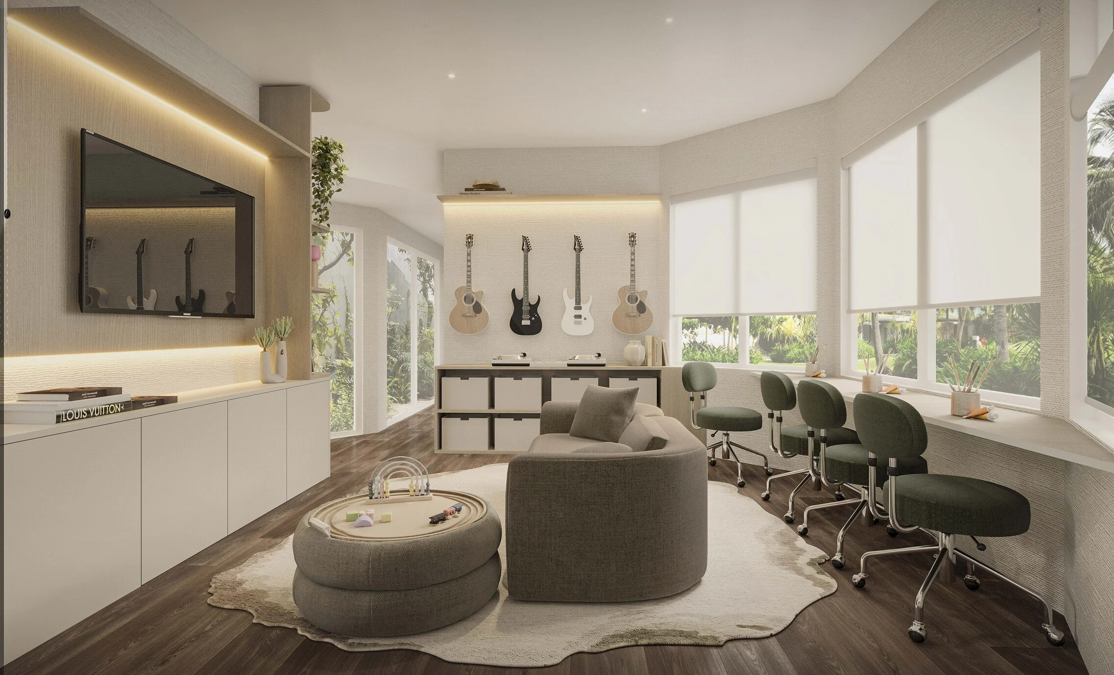 A sophisticated residential music room designed with custom acoustic guitar wall mounts above modular cabinetry and warm LED-lit floating shelves. A curved sofa and textured pouf anchor the center of the room on an organic rug, complemented by a slee