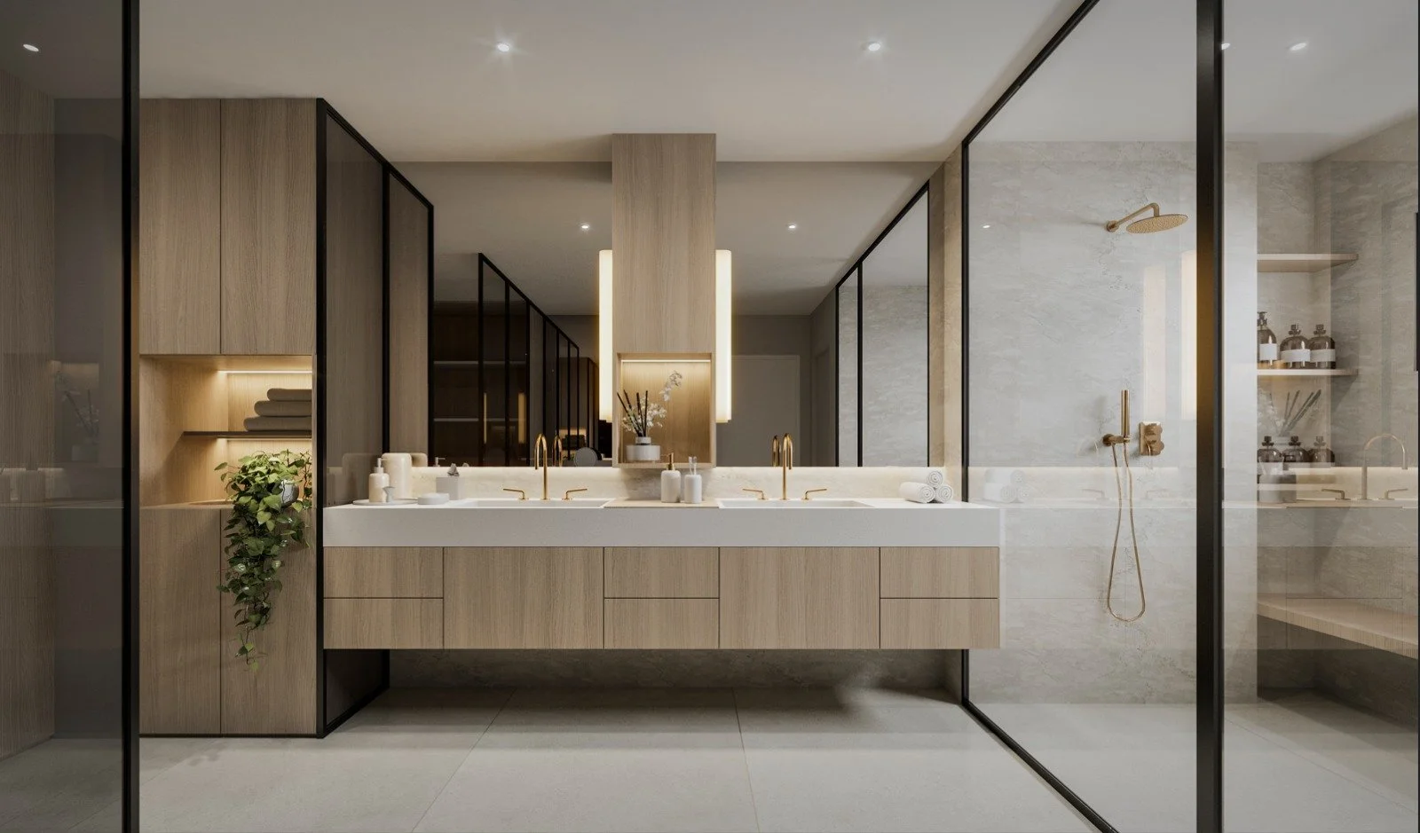 A modern bathroom in soft neutral tones featuring natural stone finishes, warm wood cabinetry, and integrated LED lighting. Gold accents add a touch of sophistication to the clean, contemporary design