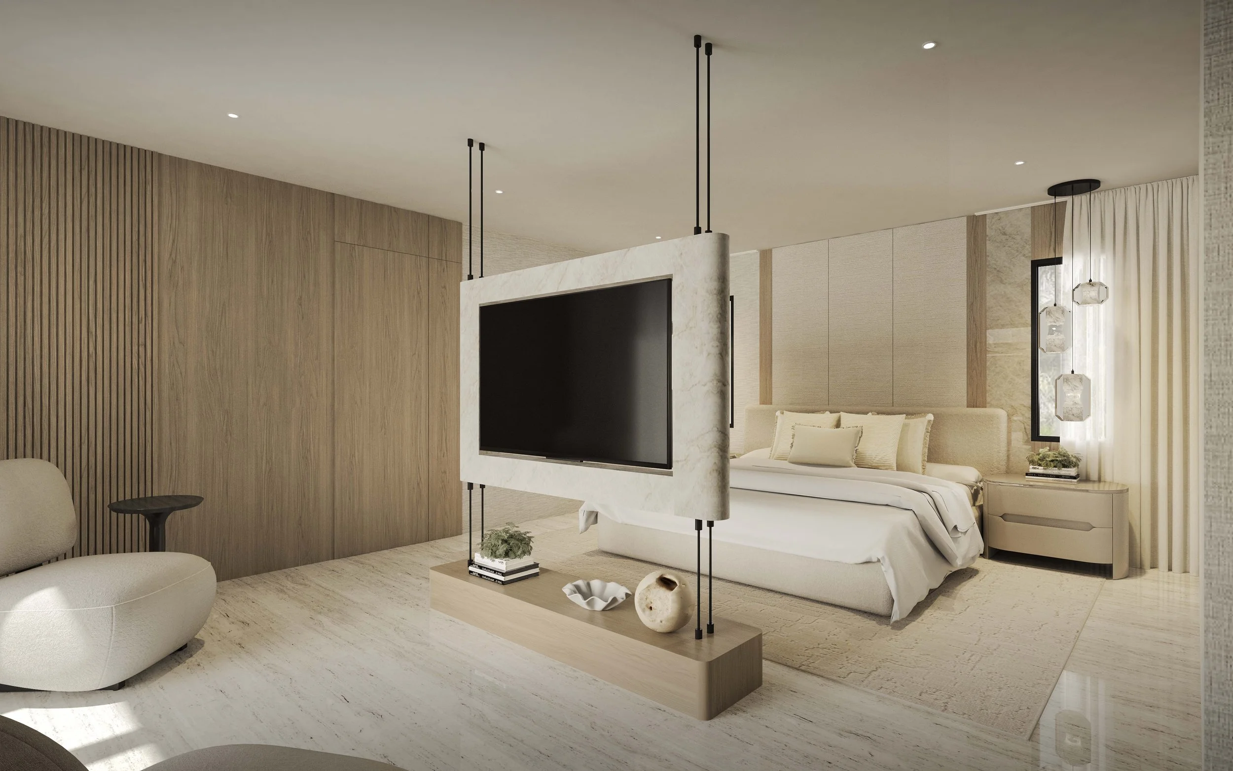 A smart and innovative design featuring a rotating TV mechanism, allowing the screen to be enjoyed from multiple spaces without compromising aesthetics. The TV is framed with elegant stone and paired with a warm wood base, creating a perfect balance 