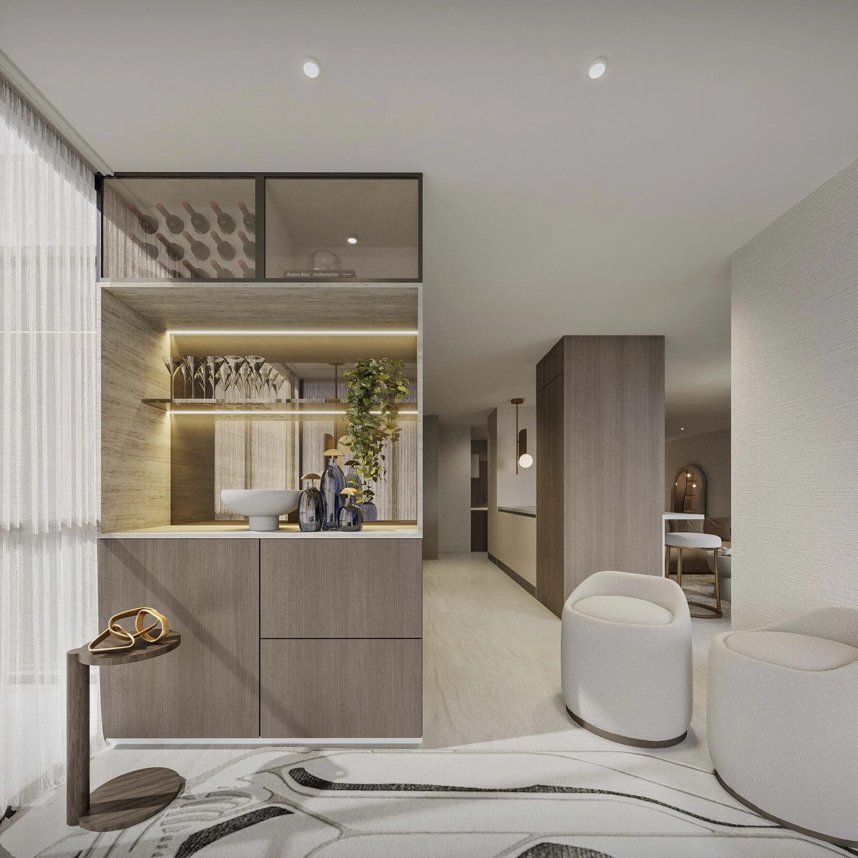 Stylish lounge area featuring a custom built-in bar, perfect for entertaining. Warm lighting, rich materials, and refined details create a sophisticated yet inviting atmosphere for relaxing or hosting guest