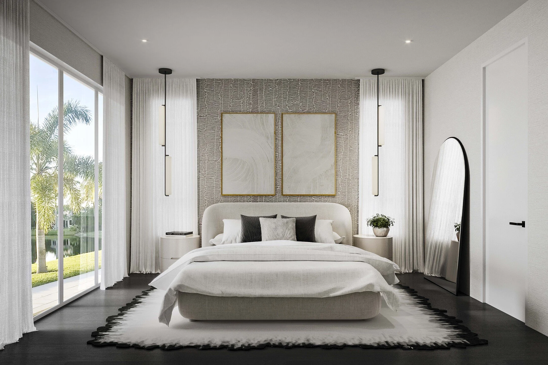 Inviting guest bedroom designed with soft neutral tones, accent wallpaper and cozy textures. The clean lines, layered fabrics, and warm lighting create a relaxing and elegant retreat for visitor
