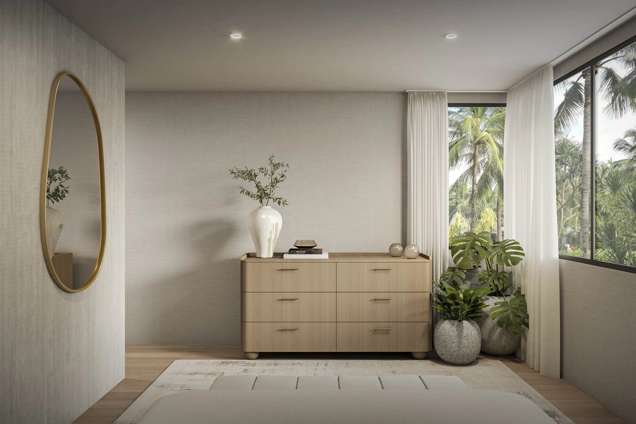 A welcoming bedroom designed with soft neutral tones, wall art,  layered textures, and clean lines to create a calm and comfortable retreat. Thoughtfully selected furnishings and refined details enhance the sense of warmth and sophistication, offerin