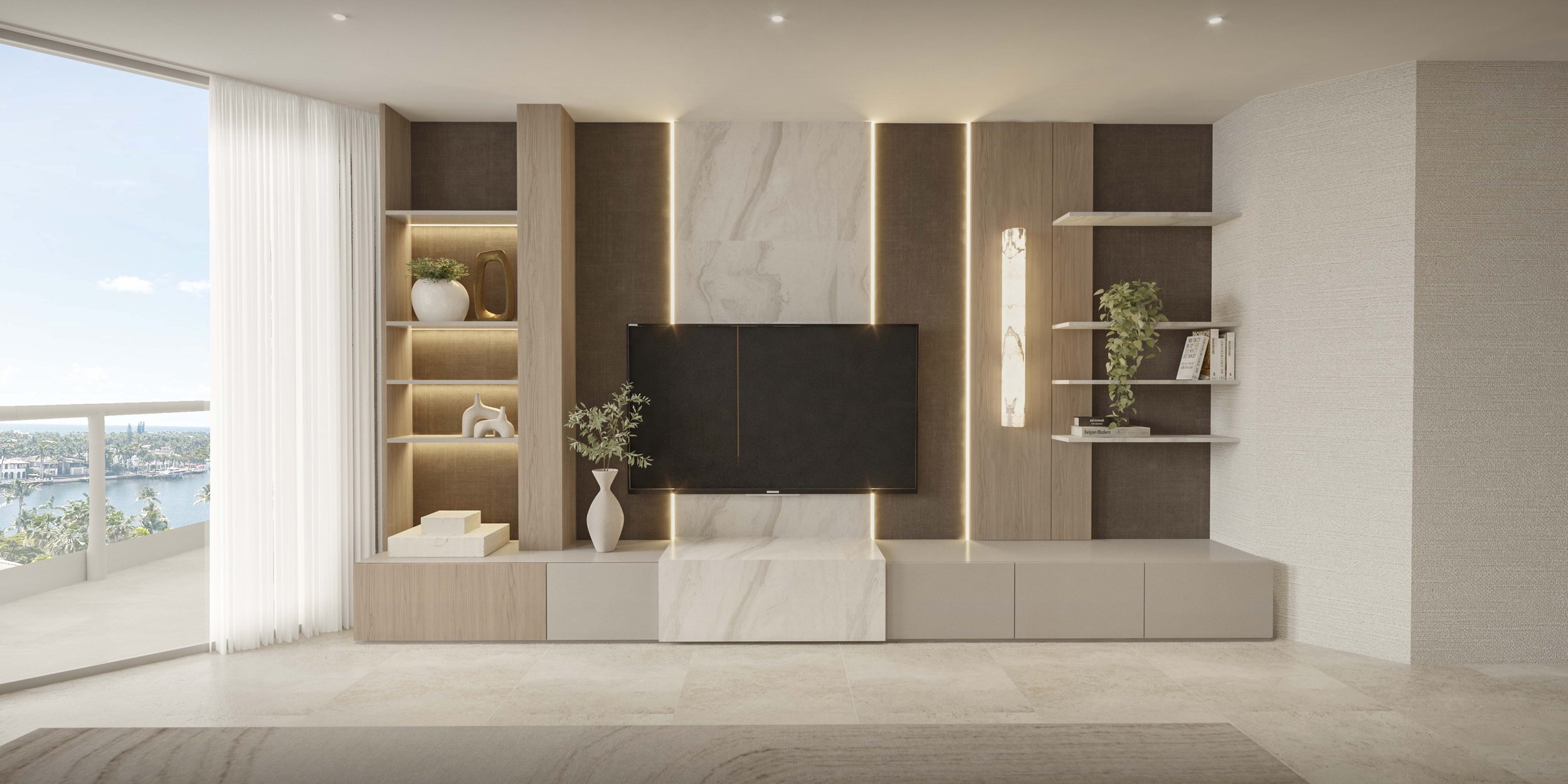 A custom media wall designed with a refined mix of stone and warm wood tones, creating a cozy yet sophisticated focal point. The natural materials add texture, warmth, and timeless elegance to the space