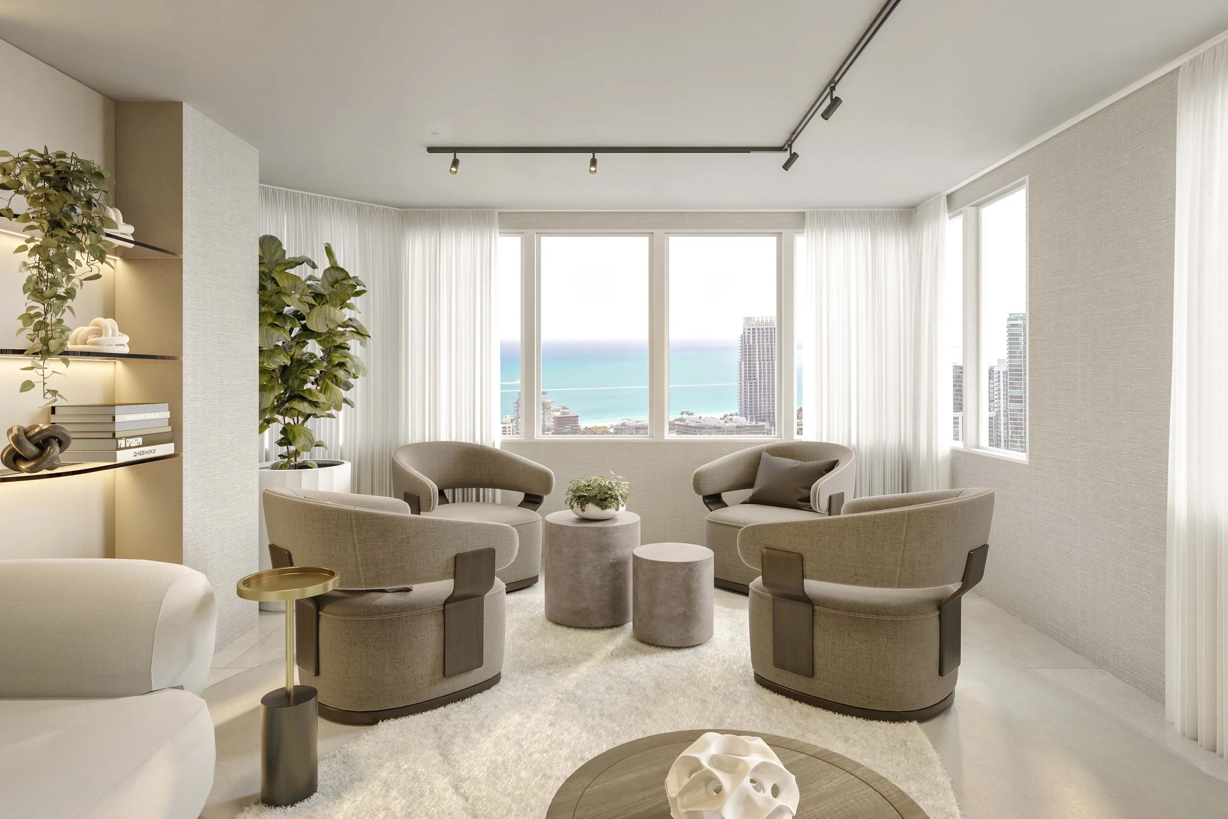 Elegant lounge area to enjoy the amazing condo view, along side the living room with perfect swivel chairs 