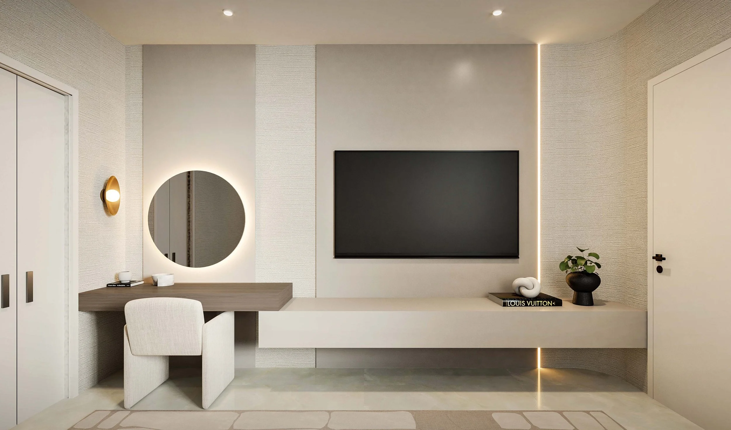 A light-filled bedroom designed with a custom media wall that seamlessly integrates a functional desk area, creating a versatile and efficient layout. Soft neutral tones and clean lines enhance the sense of calm, while the built-in millwork adds both