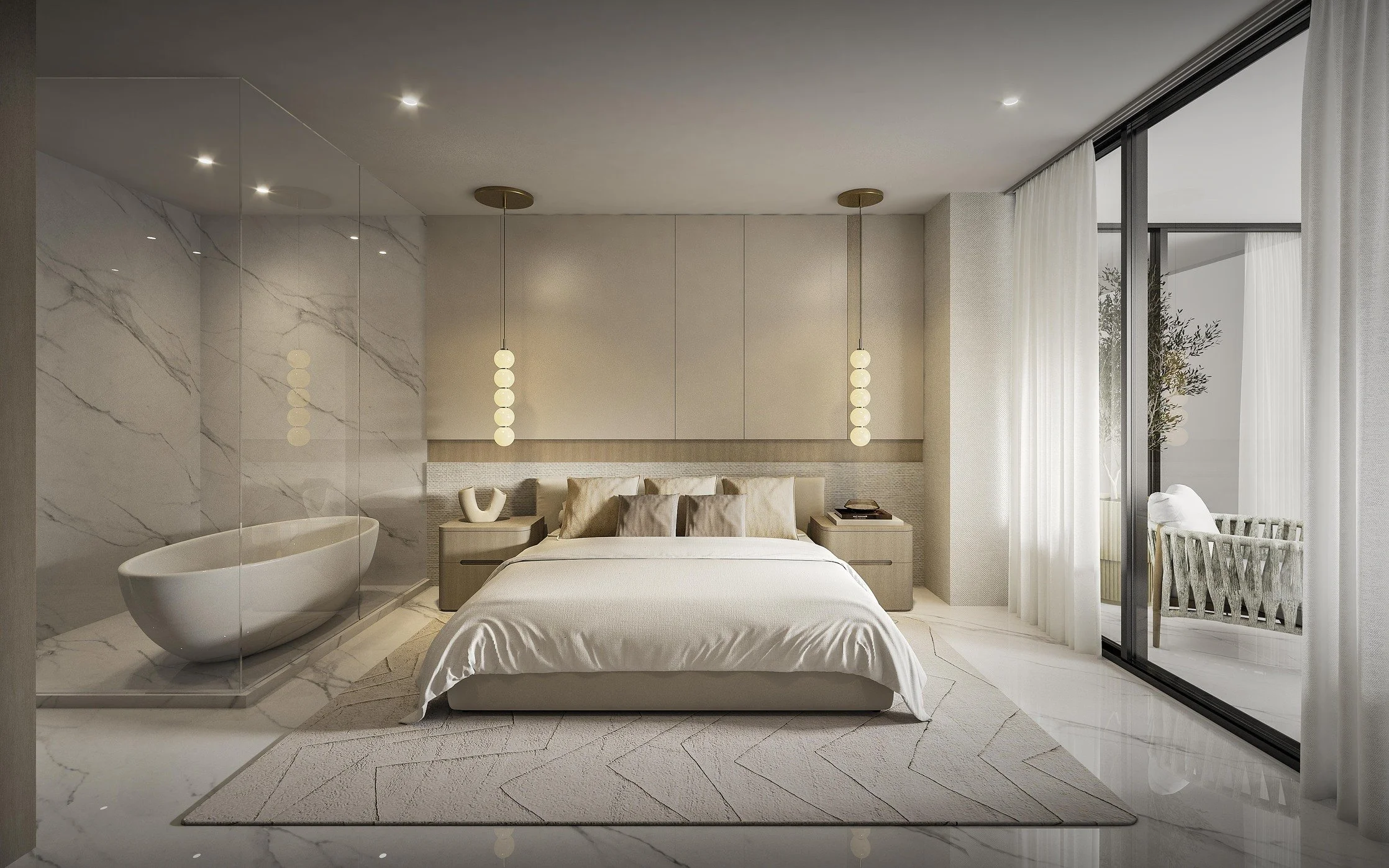 A warm and contemporary primary bedroom featuring a custom headboard that adds texture and softness to the space. Delicate pendant lights enhance the layered design, while a minimalist media wall with a custom console and subtle paneling creates a cl
