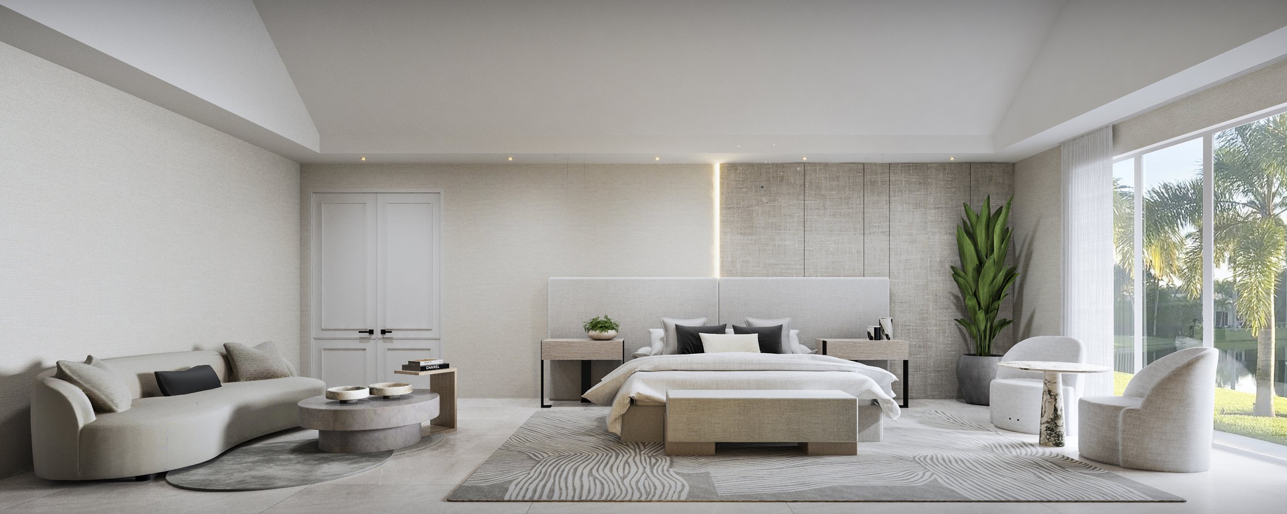 A serene spacious master bedroom in neutral tones, wallpaper, and comfy furniture Integrated LED lighting create an elegant and inviting atmosphere