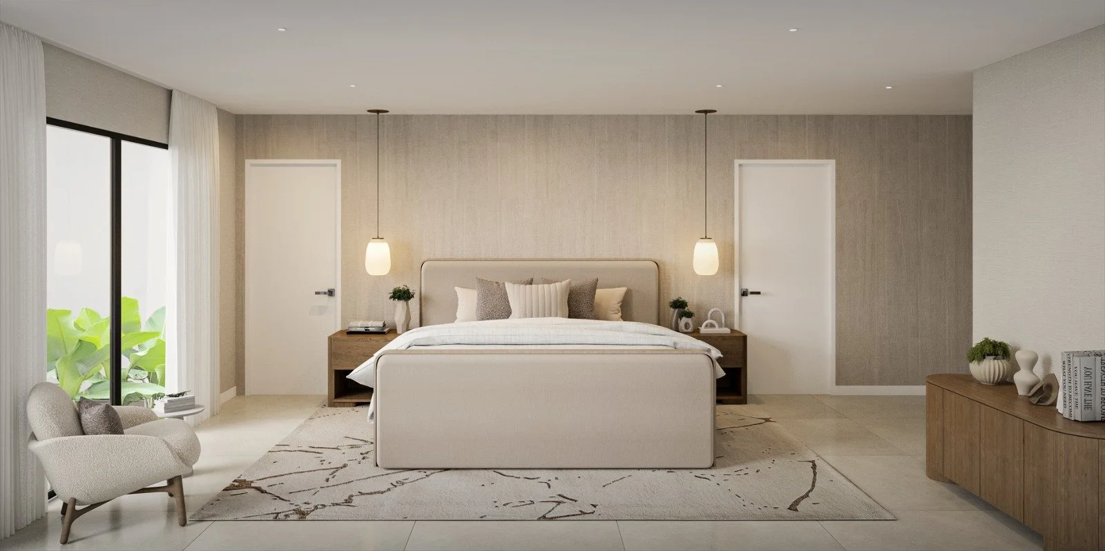 A serene master bedroom in neutral tones, warm wood finishes. Pendant lighting and a modern chandelier create an elegant and inviting atmosphere