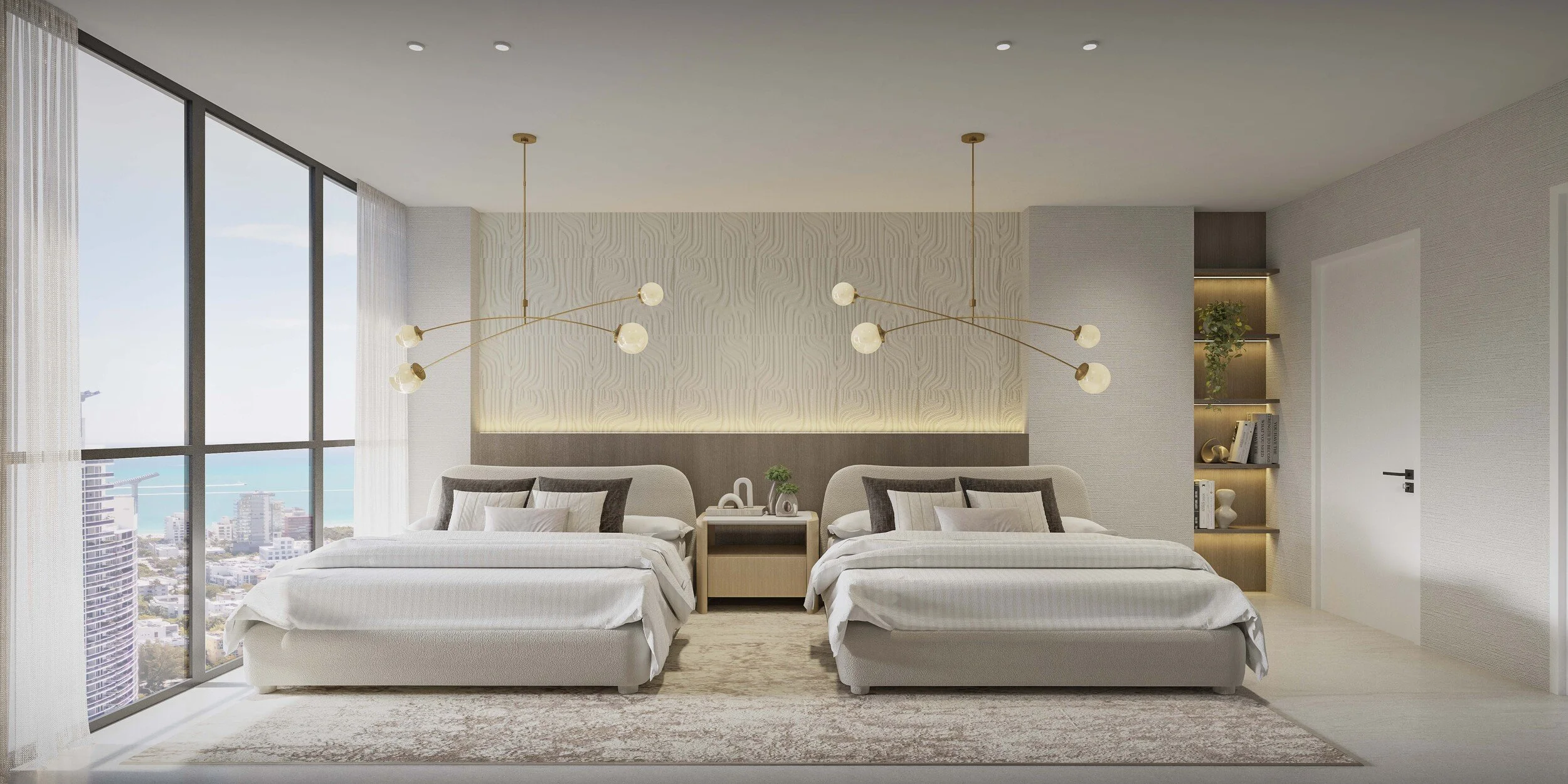 Elegant guest bedroom designed with soft neutral tones and refined details. Cozy textures, warm lighting, and a serene atmosphere make it the perfect retreat for visitors