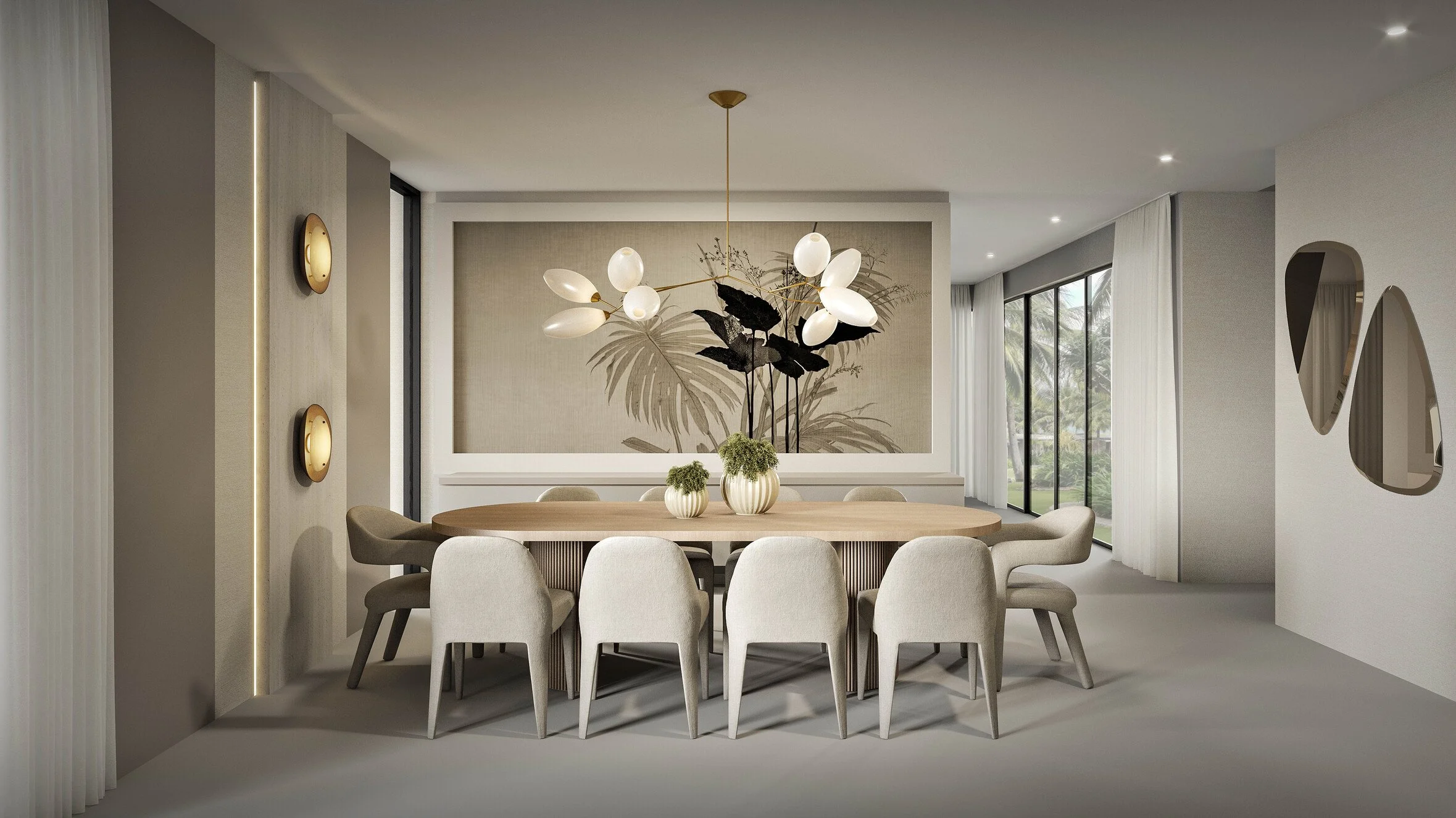 n elegant dining room defined by a sophisticated leaf-pattern accent wallpaper that adds texture and visual interest to the space. Decorative sconces, a statement chandelier, and a wall mirror enhance the sense of warmth and refinement, creating a ti