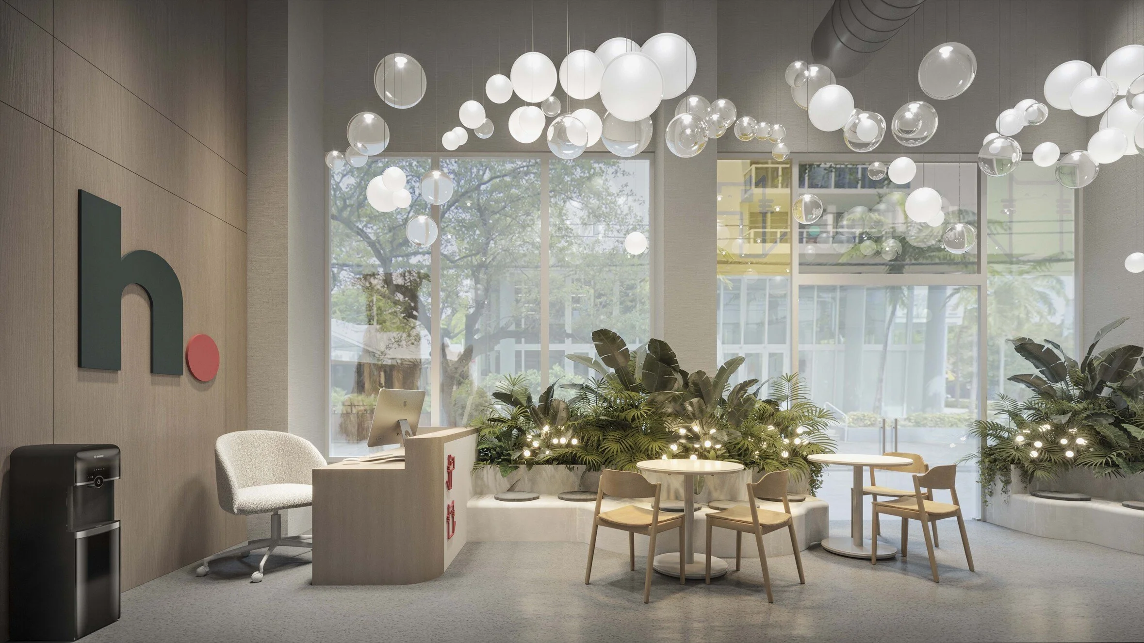 Modern veterinary clinic designed with custom organic furniture featuring soft, fluid shapes that serve as waiting areas for both pets and their owners. Lush greenery, sculptural lighting, and thoughtfully integrated seating create a warm, inviting a