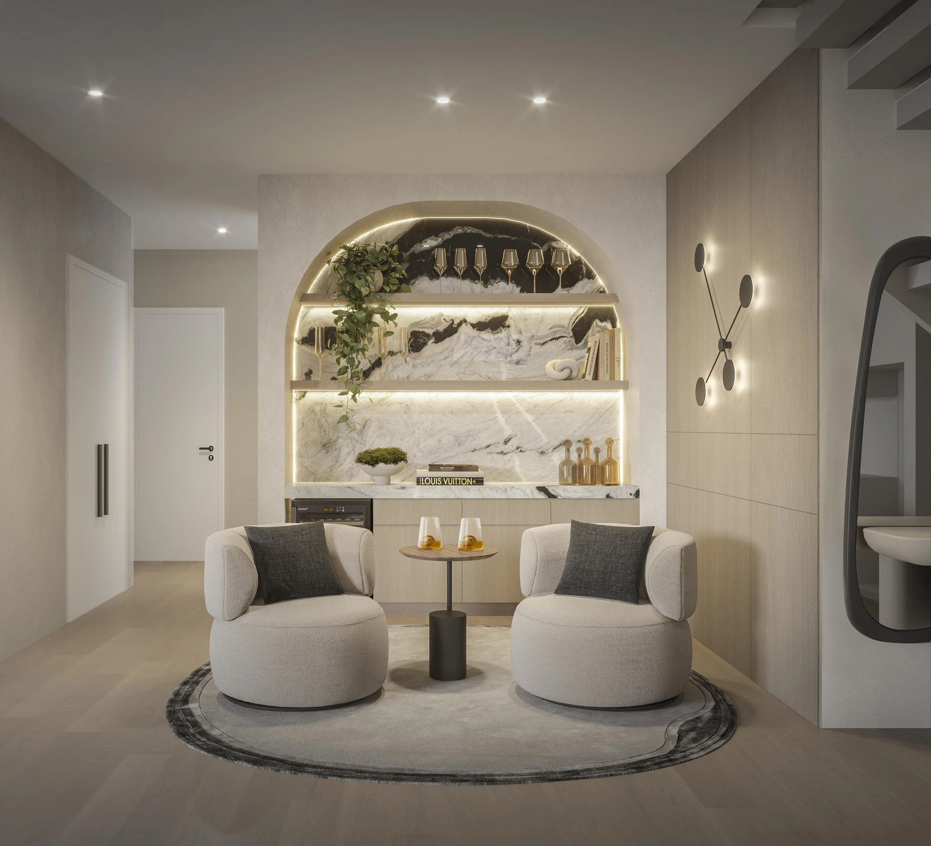 A sophisticated bar area defined by a striking arched design and a natural stone accent that adds texture and character to the space. A cozy two-seat lounge area layered over a round rug creates an inviting setting for entertaining and relaxation, bl