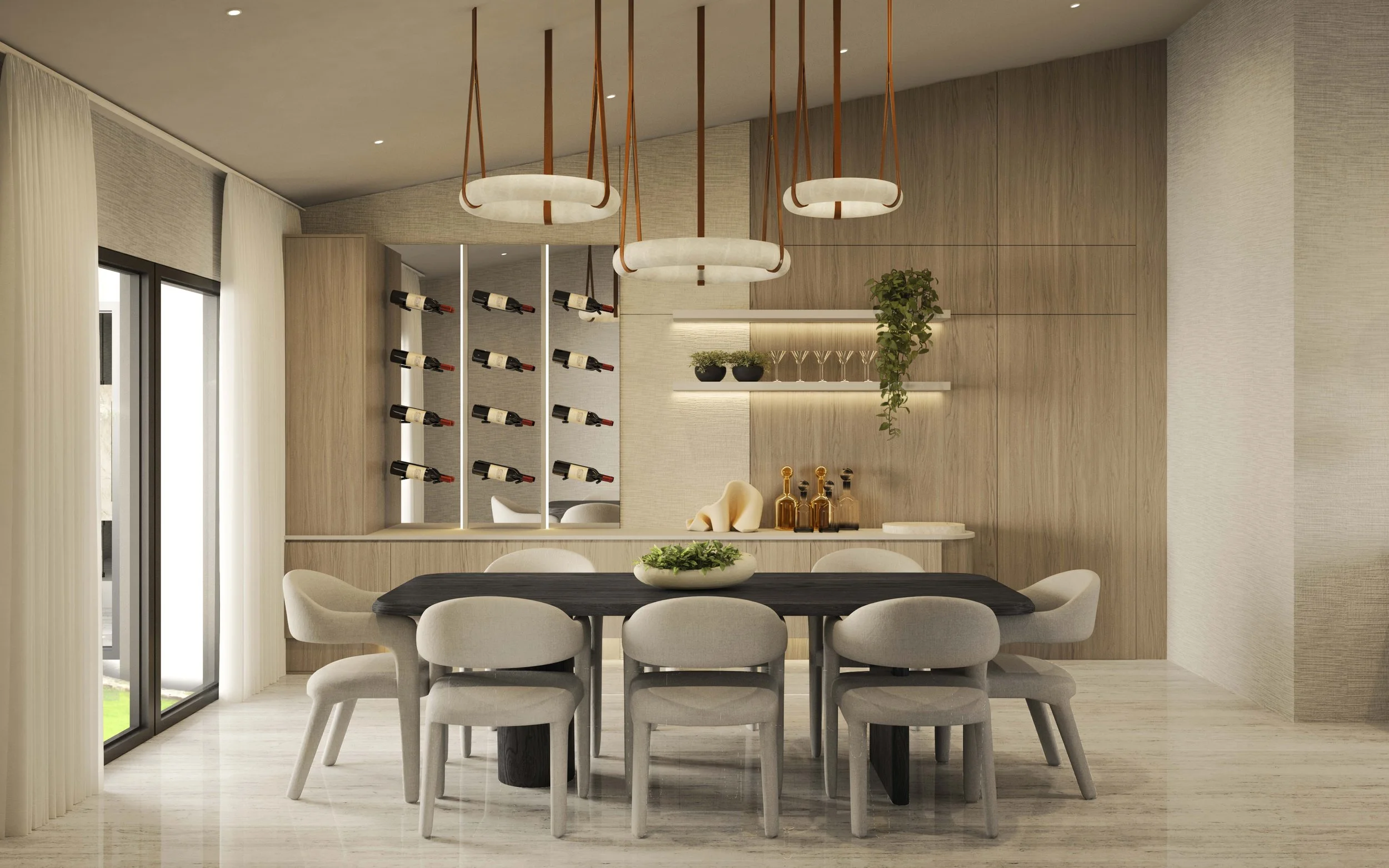 Elegant dining room with a warm, inviting spirit. Designed to bring the family together, this space features neutral warm tones that create a cozy yet refined atmosphere. A custom bar built-in with mirror and wine cellar, add functionality and a touc