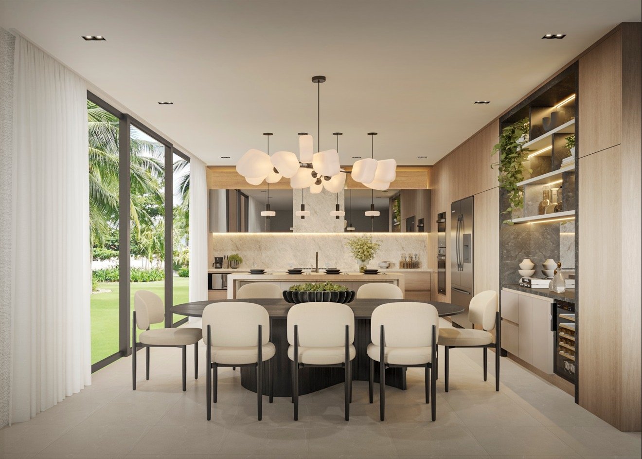 Dining room showcases an elegant setting anchored by a dramatic black statement chandelier, creating a sophisticated focal point for entertaining and everyday dining.
