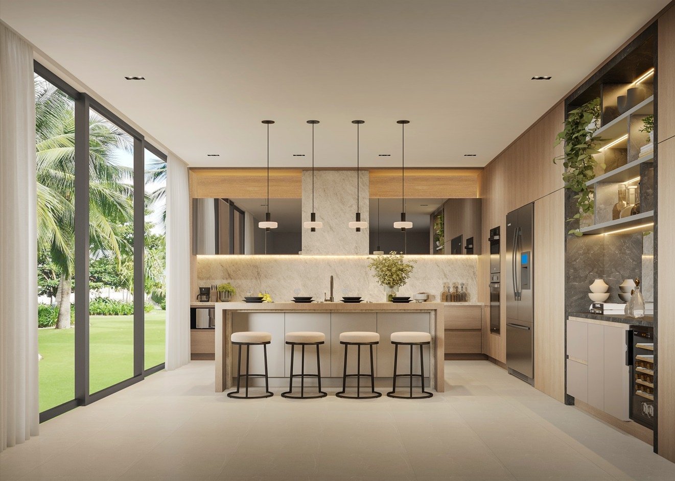 A contemporary kitchen featuring Taj Mahal stone countertops, warm wood cabinetry, and mirrored upper cabinets that add depth and elegance to the space. Black fixtures and hardware create a striking contrast, while a spacious kitchen island with bar 
