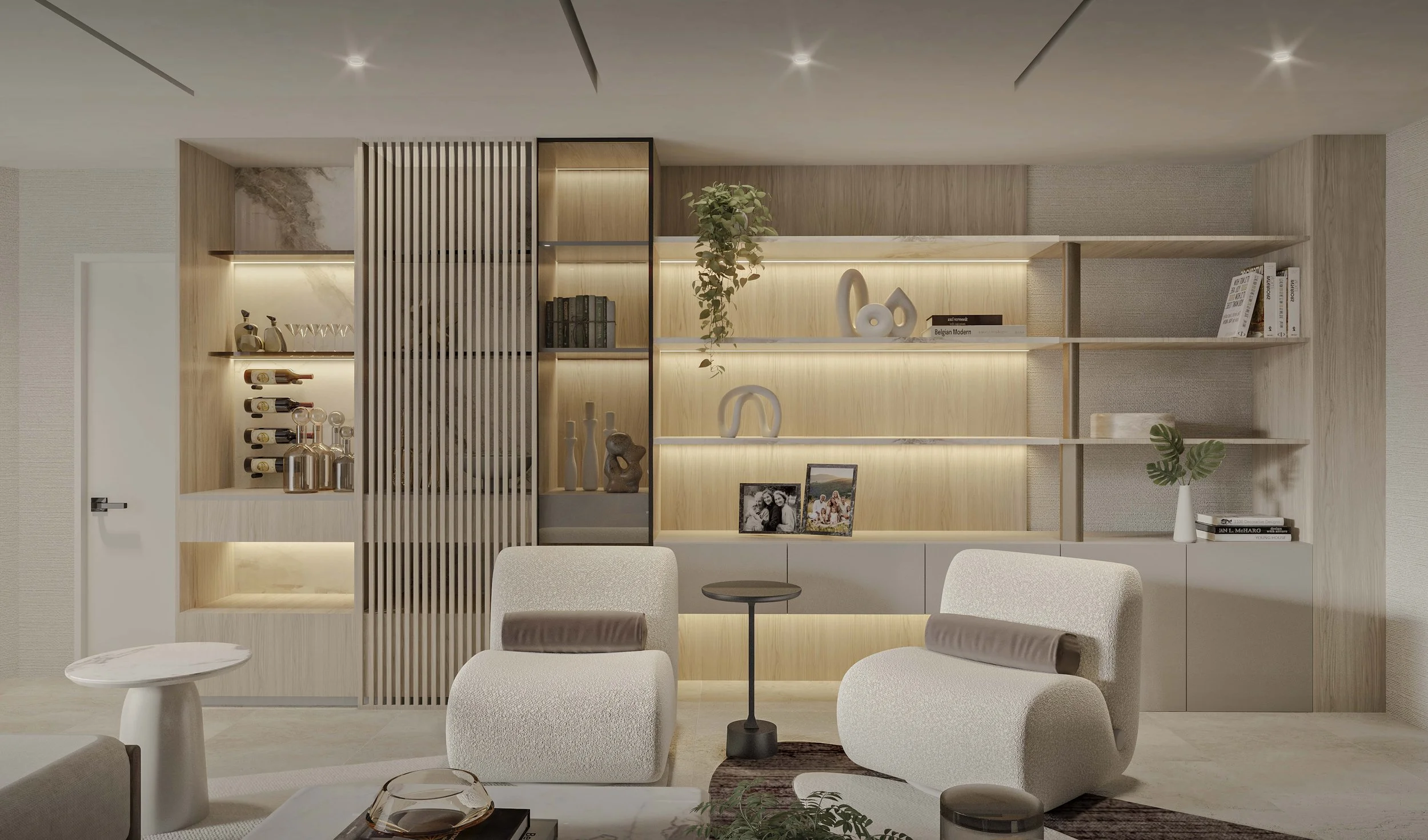 A custom living room built-in featuring open display shelving for curated accessories, adding personality and visual interest to the space. Integrated into the design, a custom bar can be discreetly hidden, combining functionality with a clean, seaml