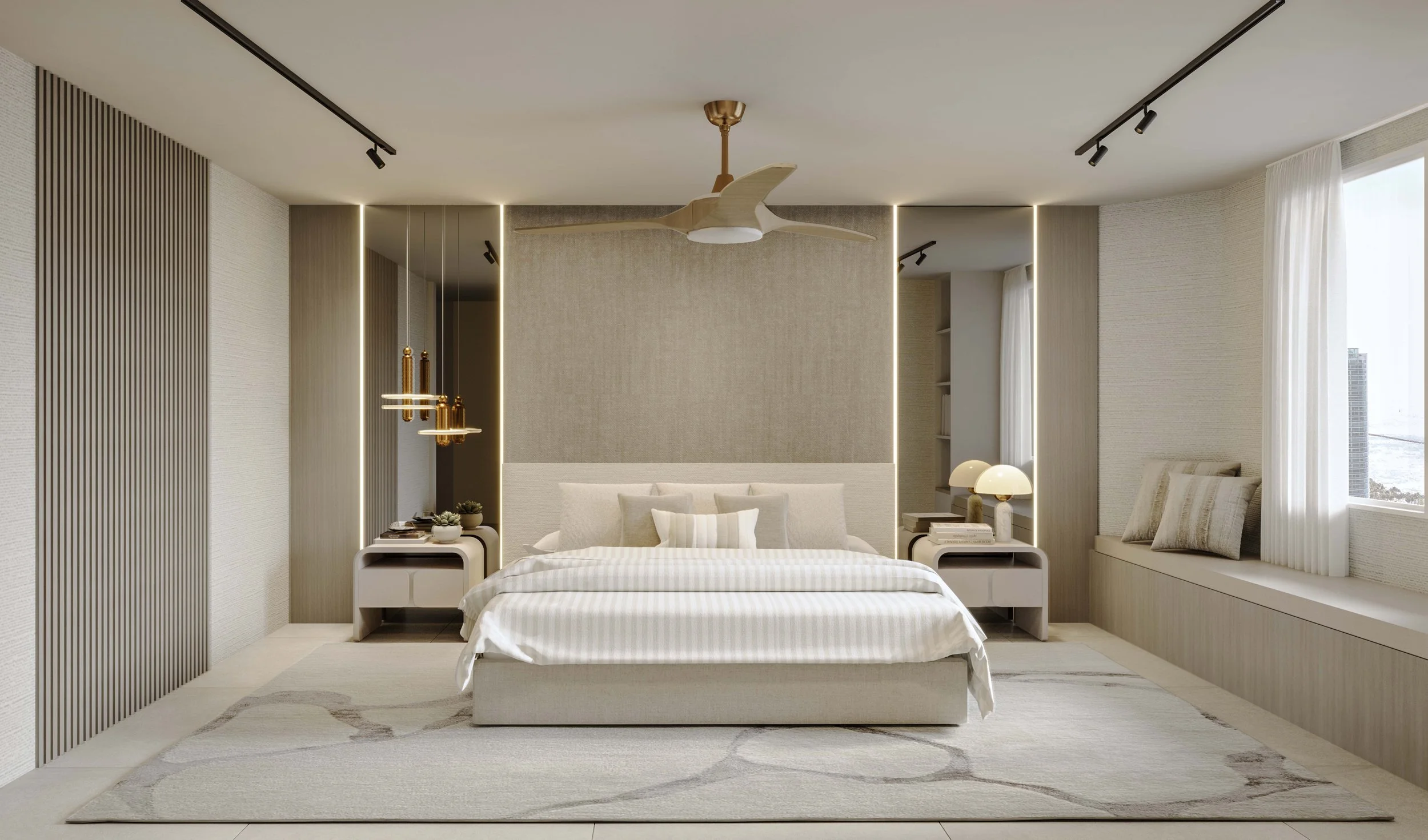 A serene master bedroom in warm tones featuring a custom upholstered headboard with mirrored panels, warm wood finishes. Integrated LED lighting and a modern lighting create an elegant and inviting atmosphere