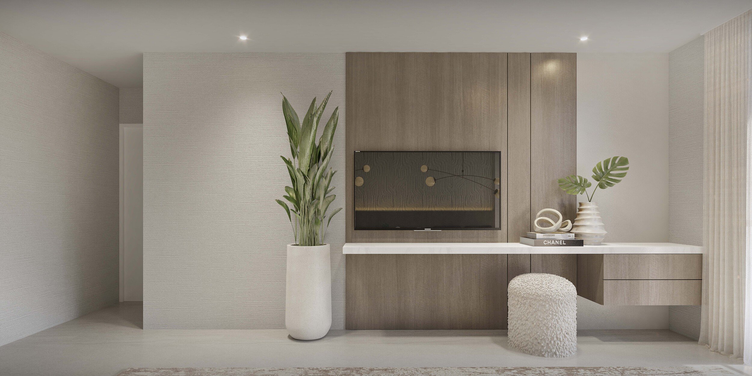 The custom TV media wall combines stone and wood details, with floating console for display and integrated lighting that adds warmth